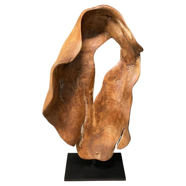 Teak Wood Organic Shape Sculpture On Stand, Indonesia, Contemporary For