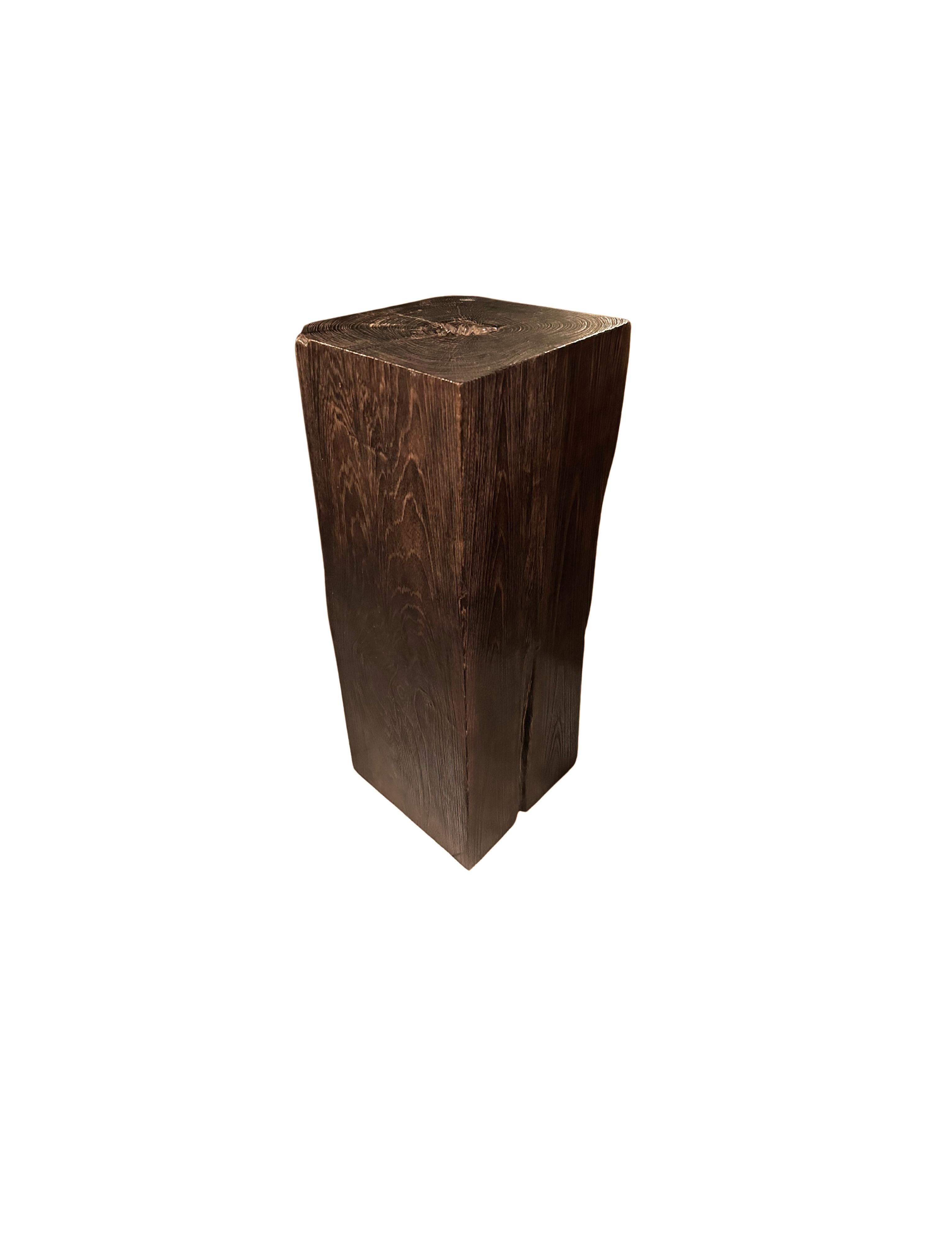 Organic Modern Teak Wood Pedestal Burnt Finish Stunning Wood Textures, Modern Organic For Sale