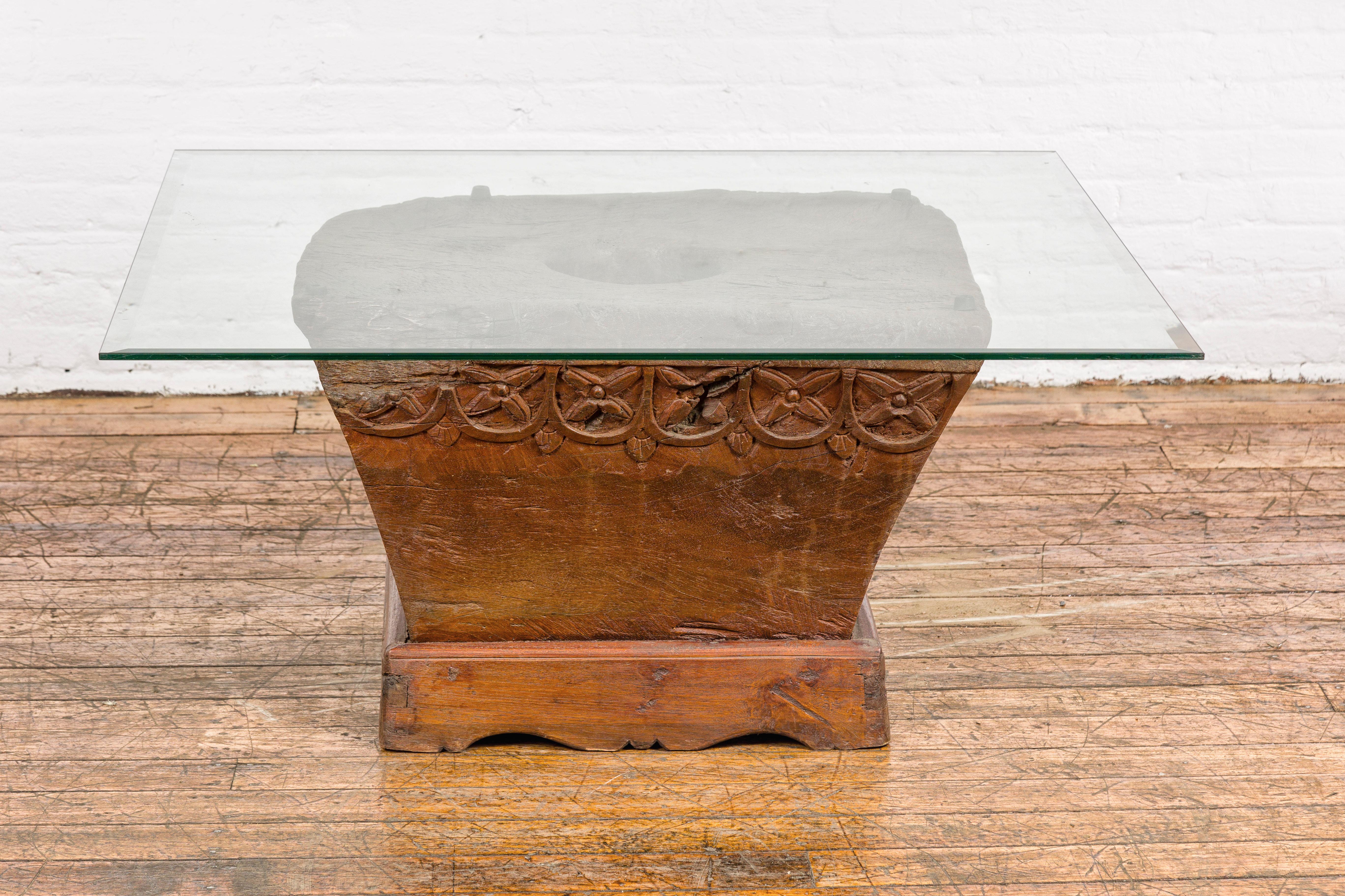 Teak Wood Primitive Mortar Converted into Coffee Table with Carved Rosettes For Sale 3