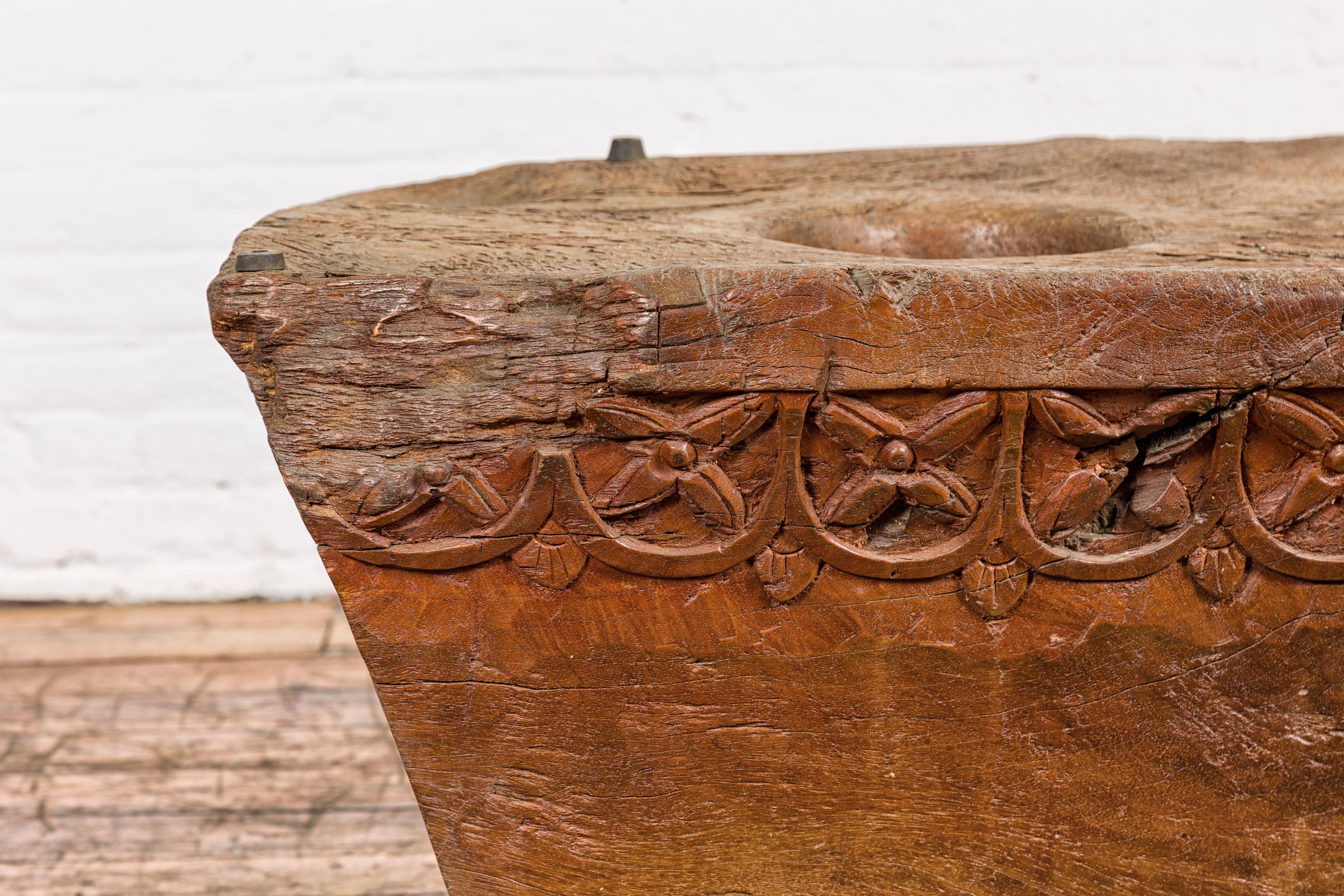 Teak Wood Primitive Mortar Converted into Coffee Table with Carved Rosettes For Sale 5