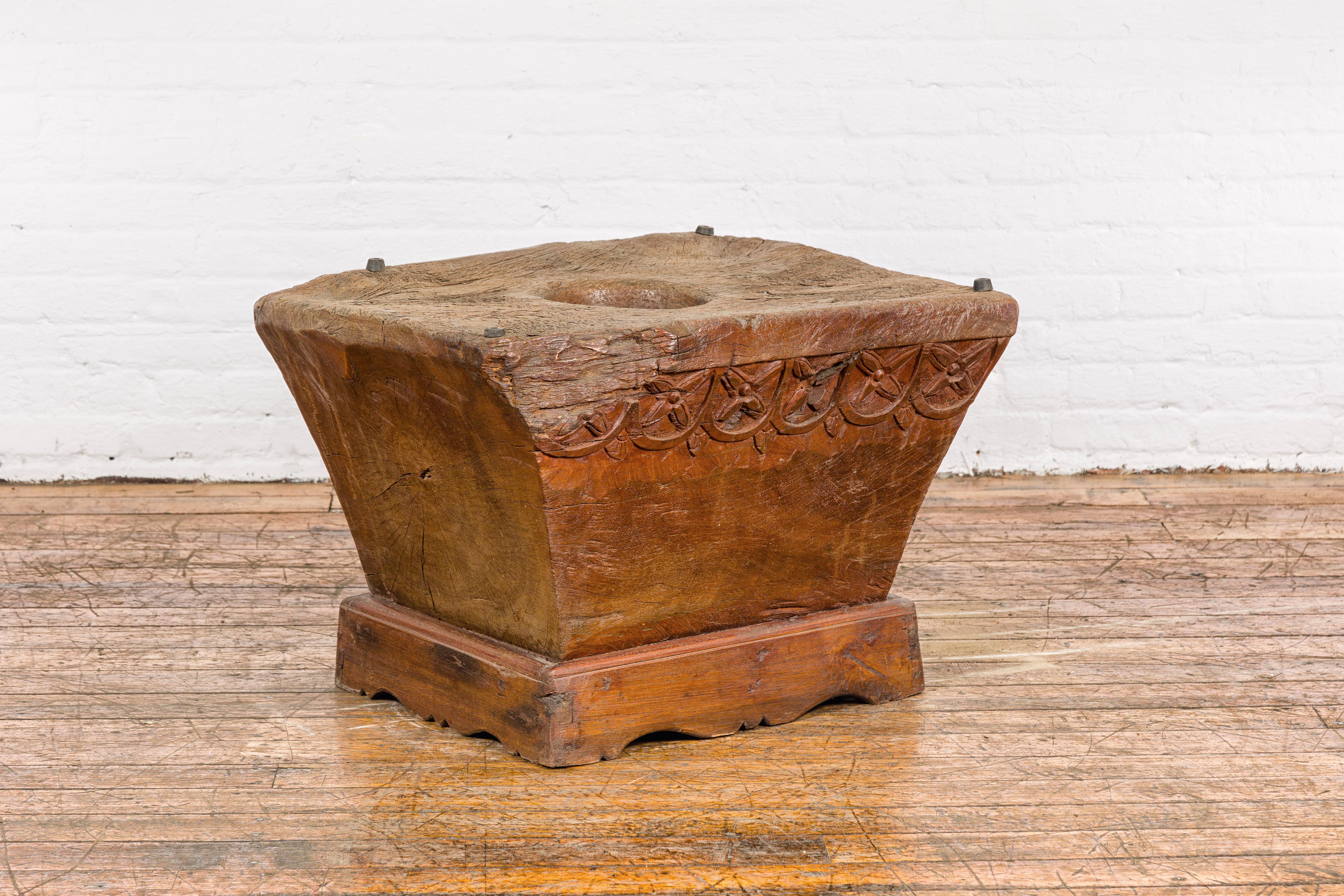 Teak Wood Primitive Mortar Converted into Coffee Table with Carved Rosettes For Sale 9