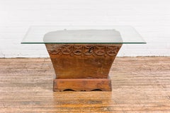 Teak Wood Primitive Mortar Converted into Coffee Table with Carved Rosettes