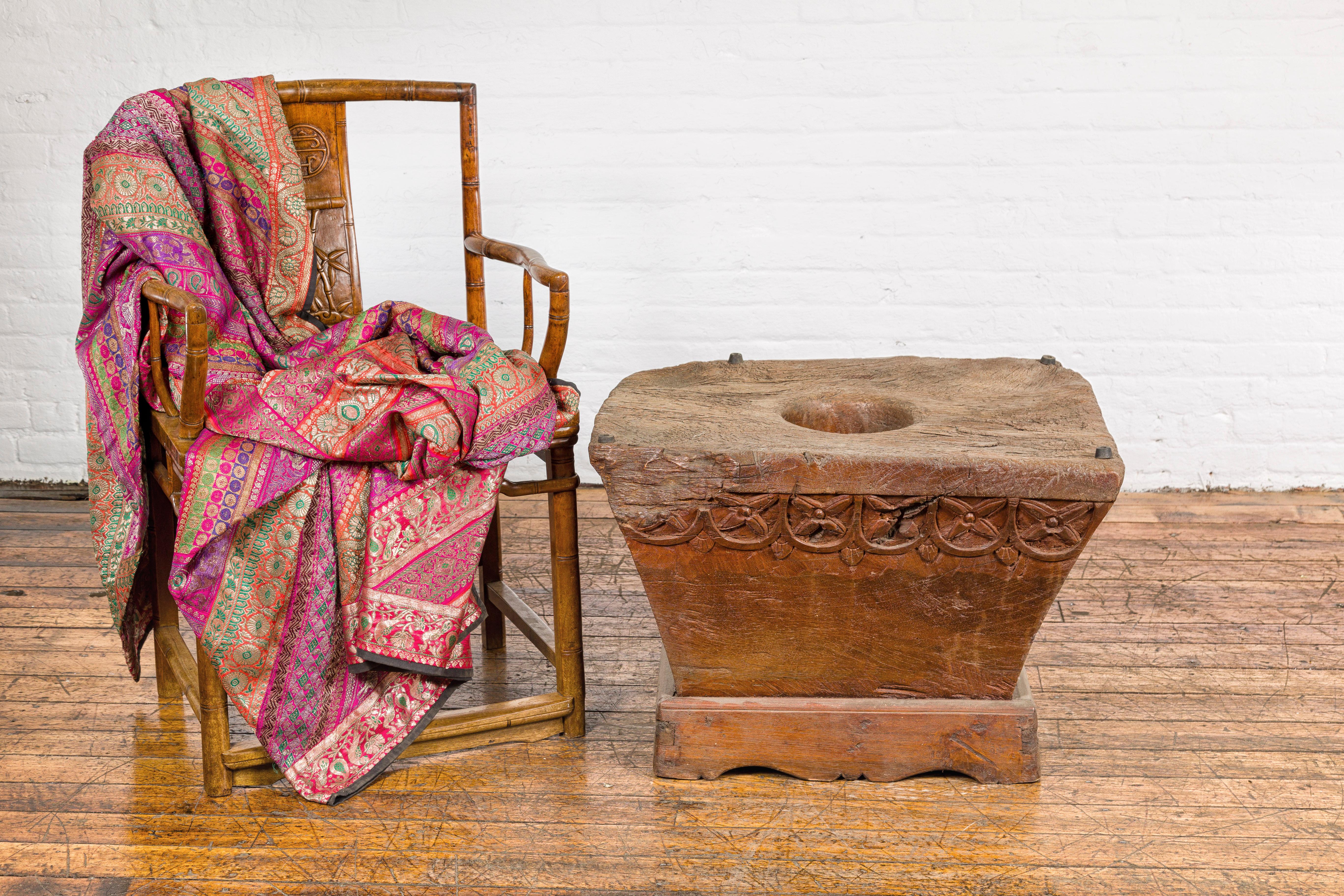 Rustic Teak Wood Primitive Mortar Converted into Coffee Table with Carved Rosettes For Sale