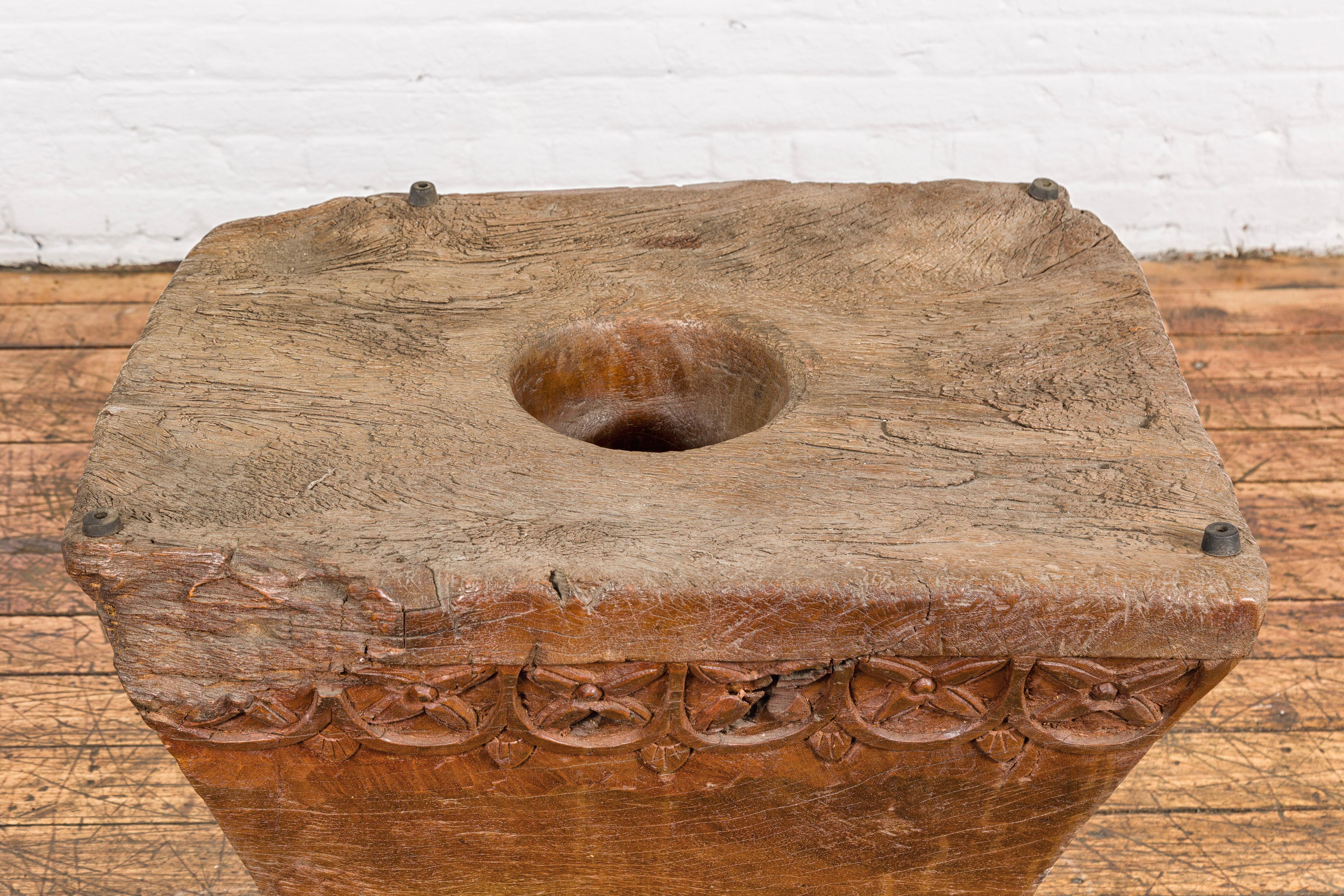 Hand-Carved Teak Wood Primitive Mortar Converted into Coffee Table with Carved Rosettes For Sale