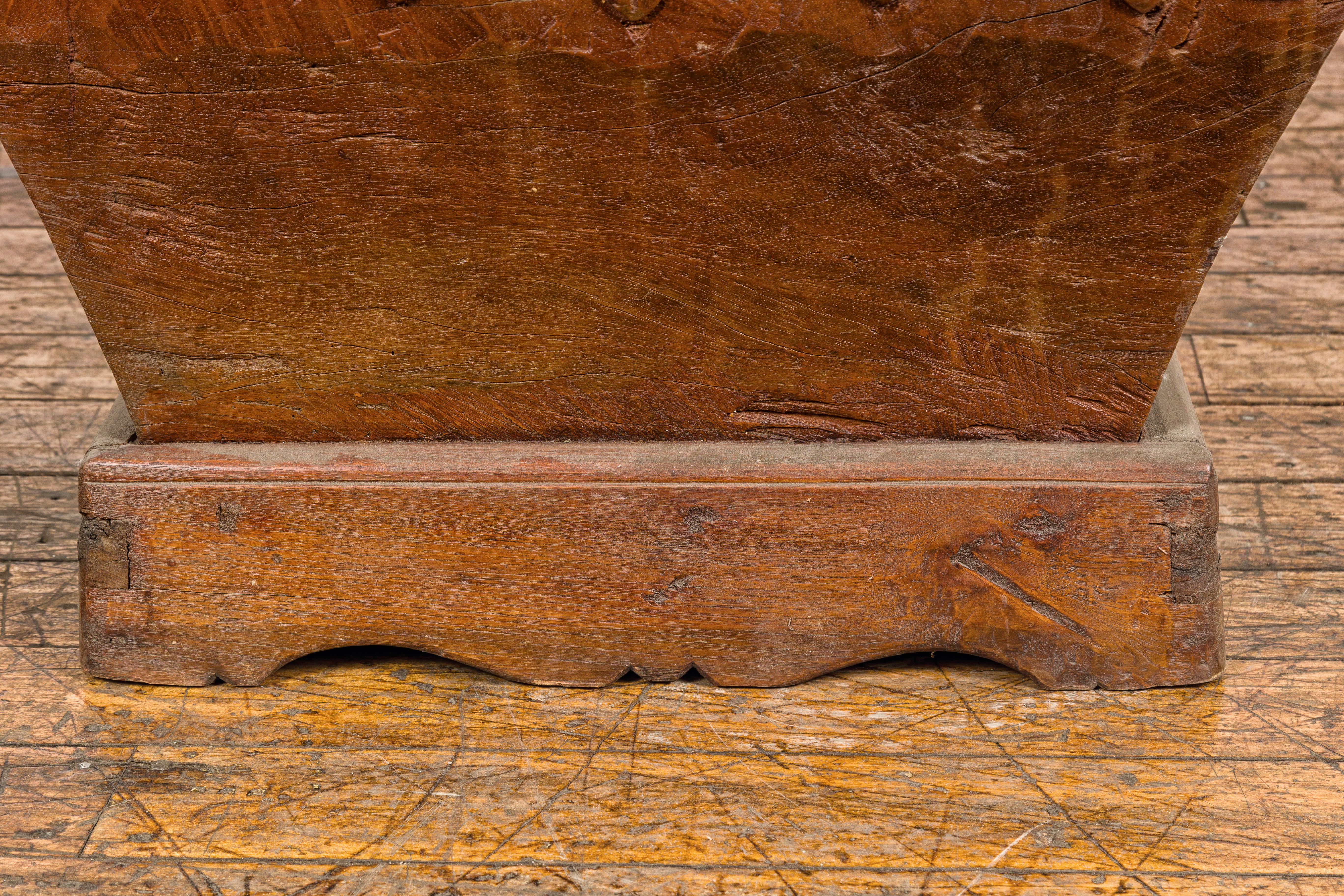 Teak Wood Primitive Mortar Converted into Coffee Table with Carved Rosettes For Sale 1