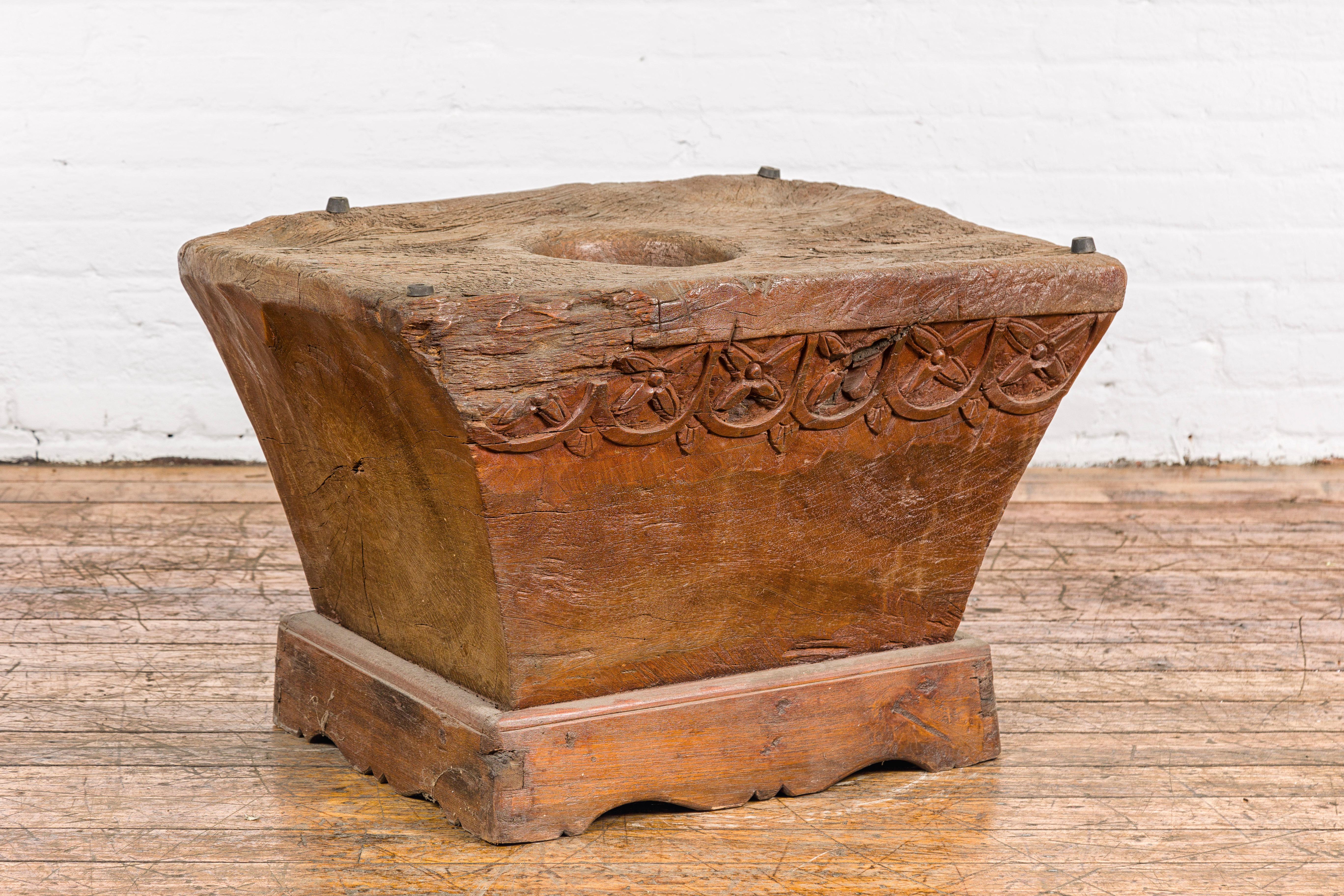 Teak Wood Primitive Mortar Converted into Coffee Table with Carved Rosettes For Sale 2