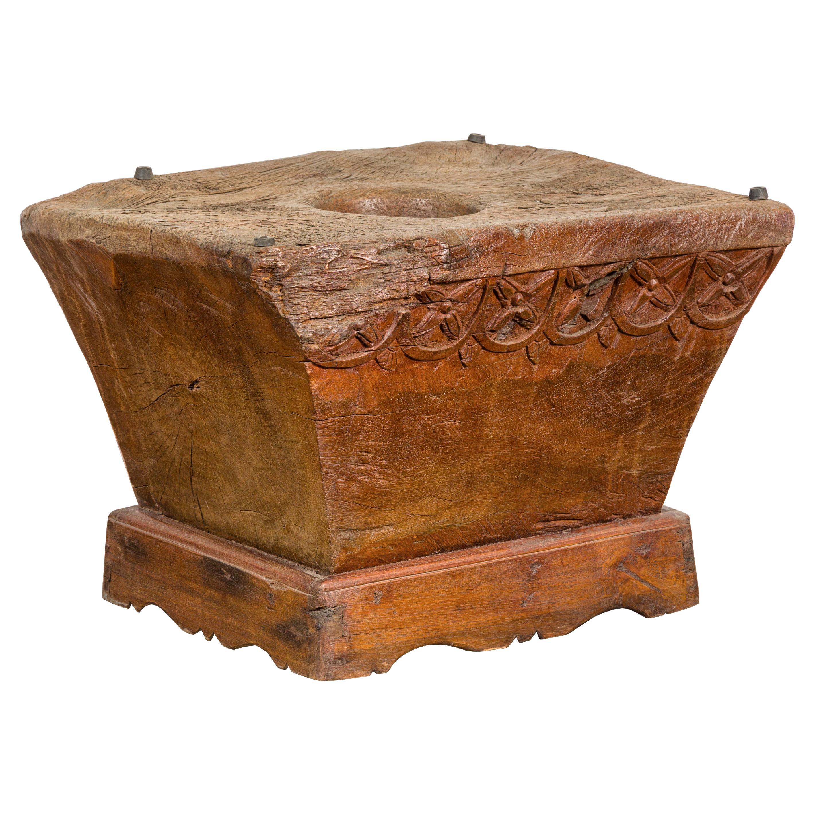 Teak Wood Primitive Mortar Converted into Coffee Table with Carved Rosettes For Sale