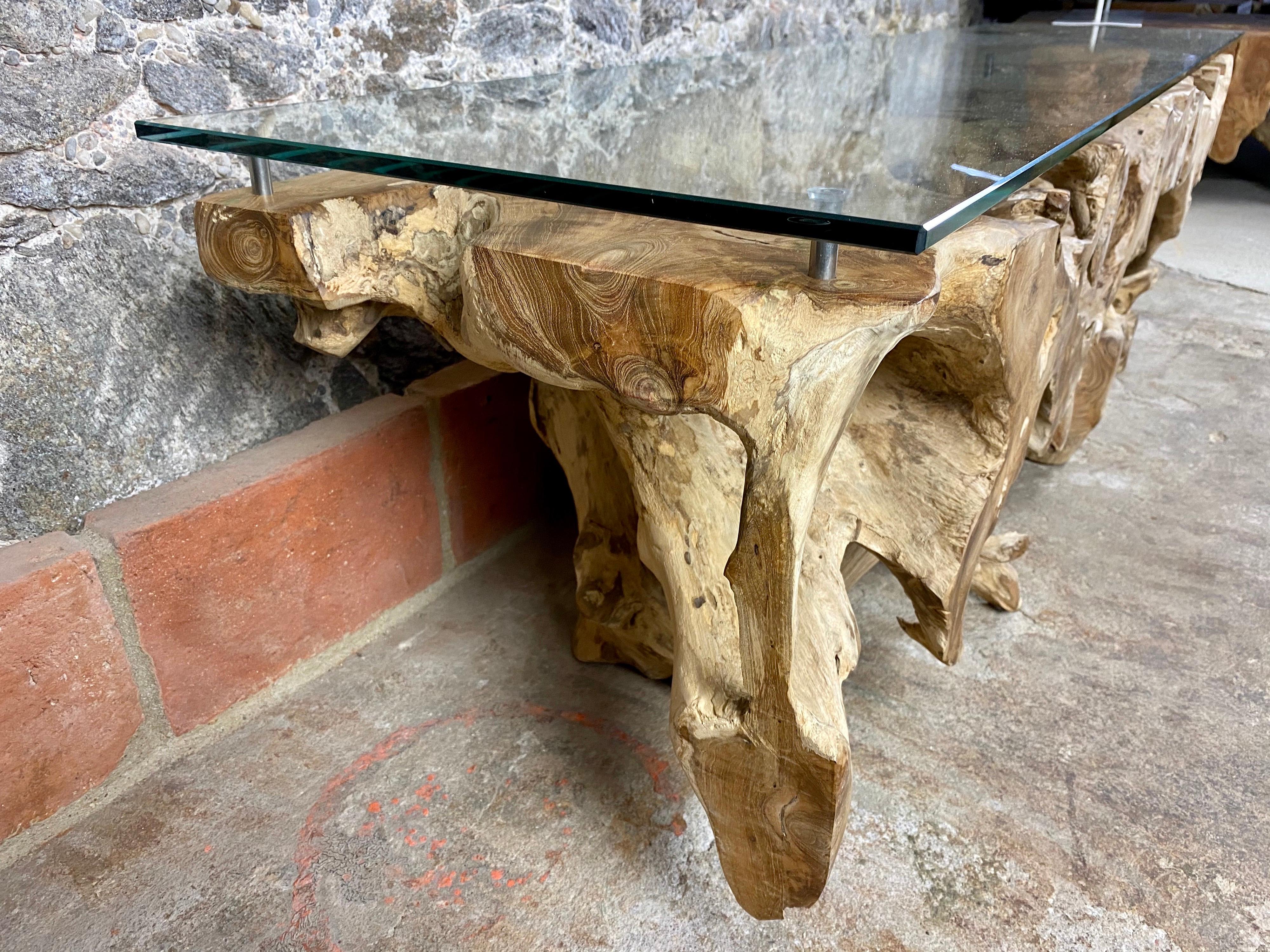 Indonesian Teak Wood Root Console / Lowboard with Safety Glass Top, Organic Modern, 2021 For Sale