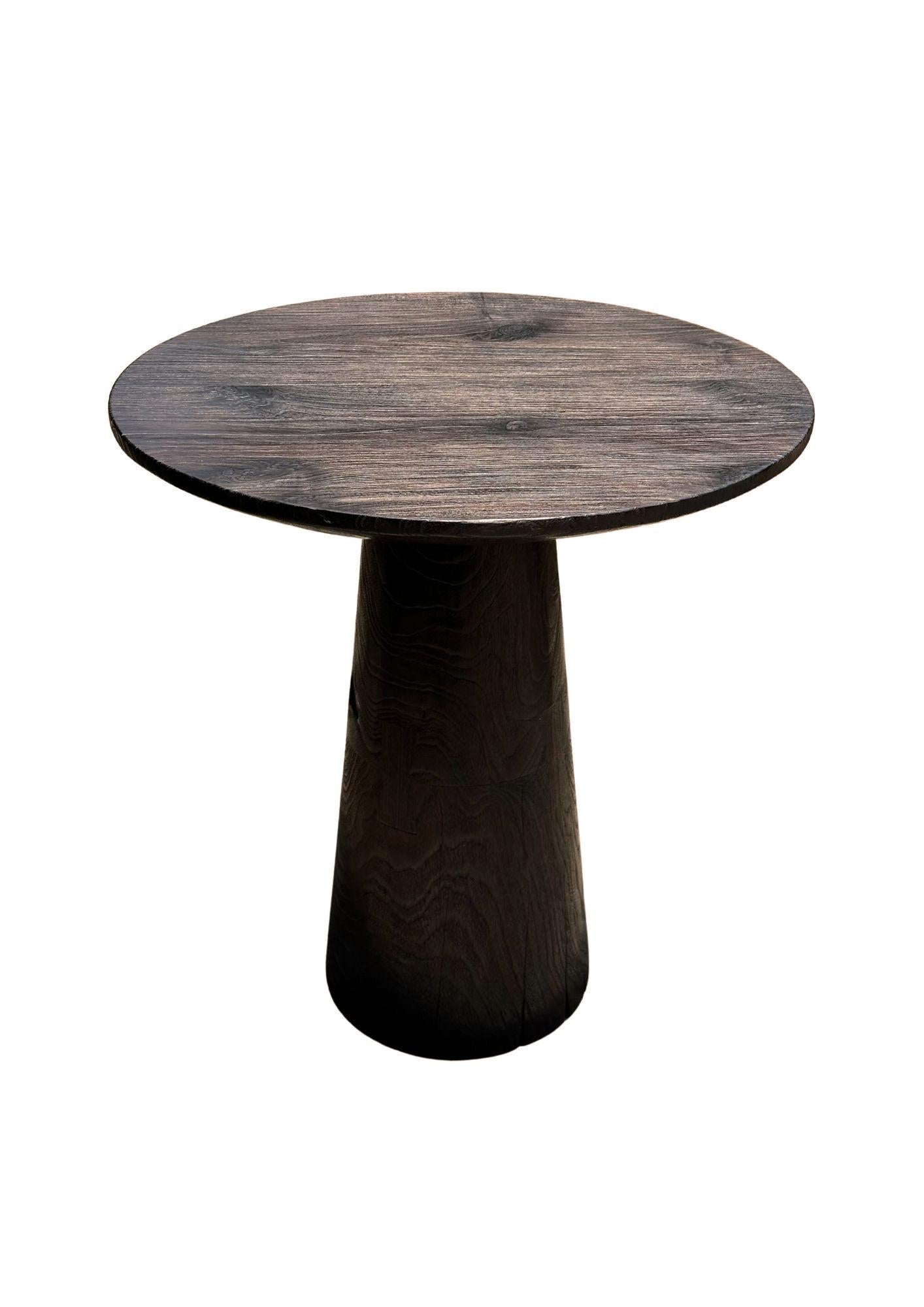 Organic Modern Teak Wood Round Side Table, Stunning Textures, Modern Organic, Burnt Finish For Sale