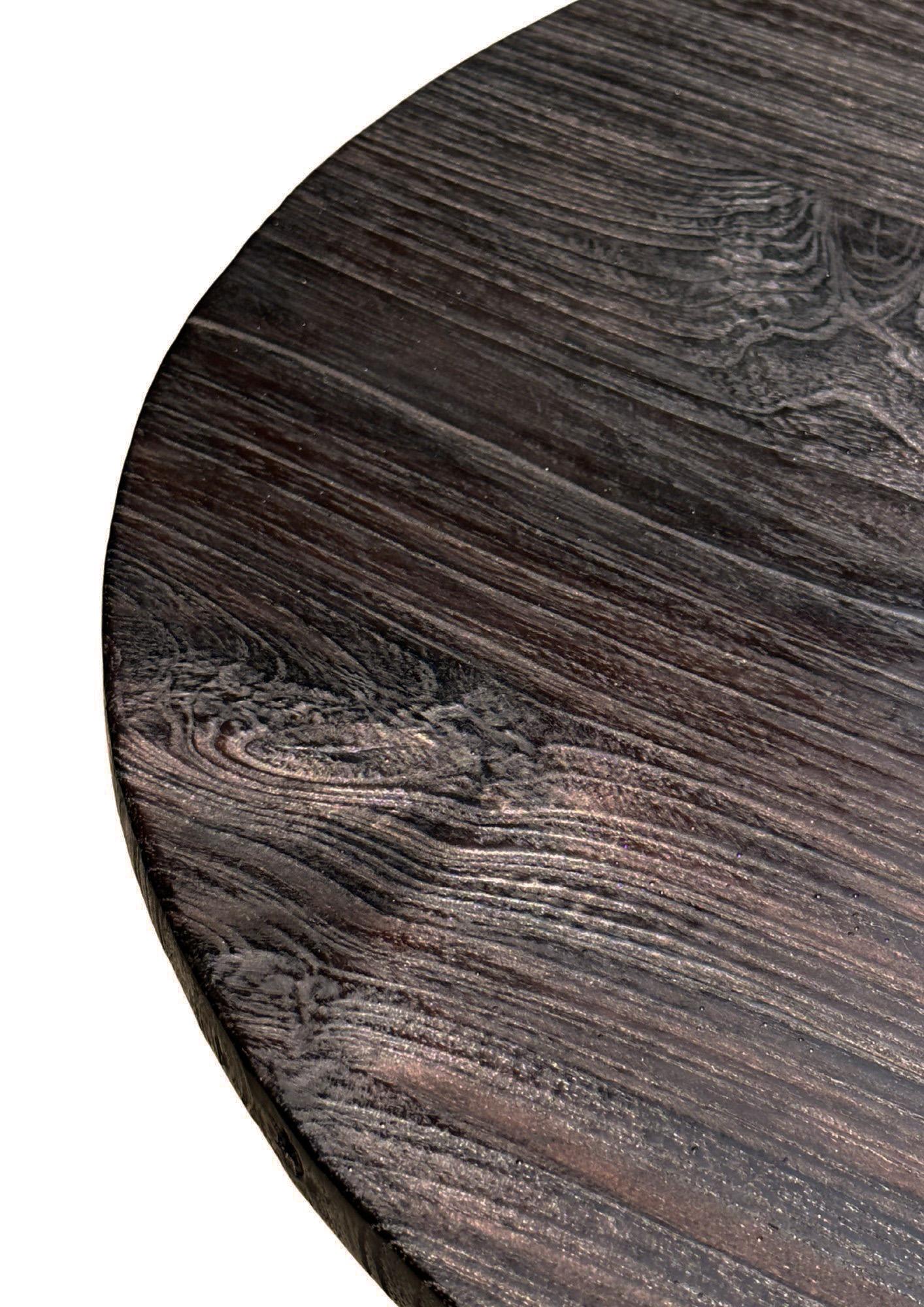 Indonesian Teak Wood Round Side Table, Stunning Textures, Modern Organic, Burnt Finish For Sale