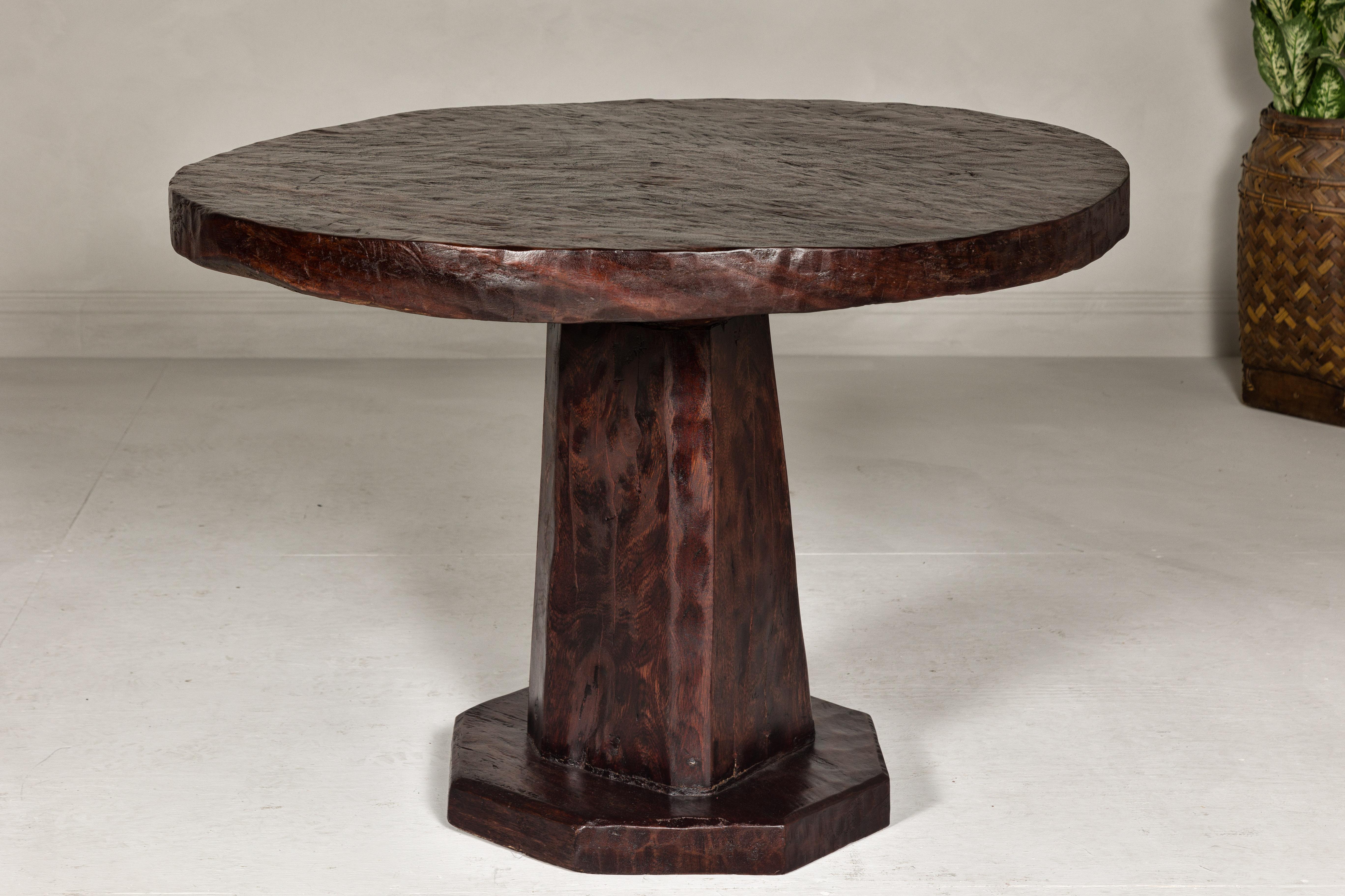 Teak Wood Round Top Center Pedestal Table with Dark Stain, Vintage For Sale 4