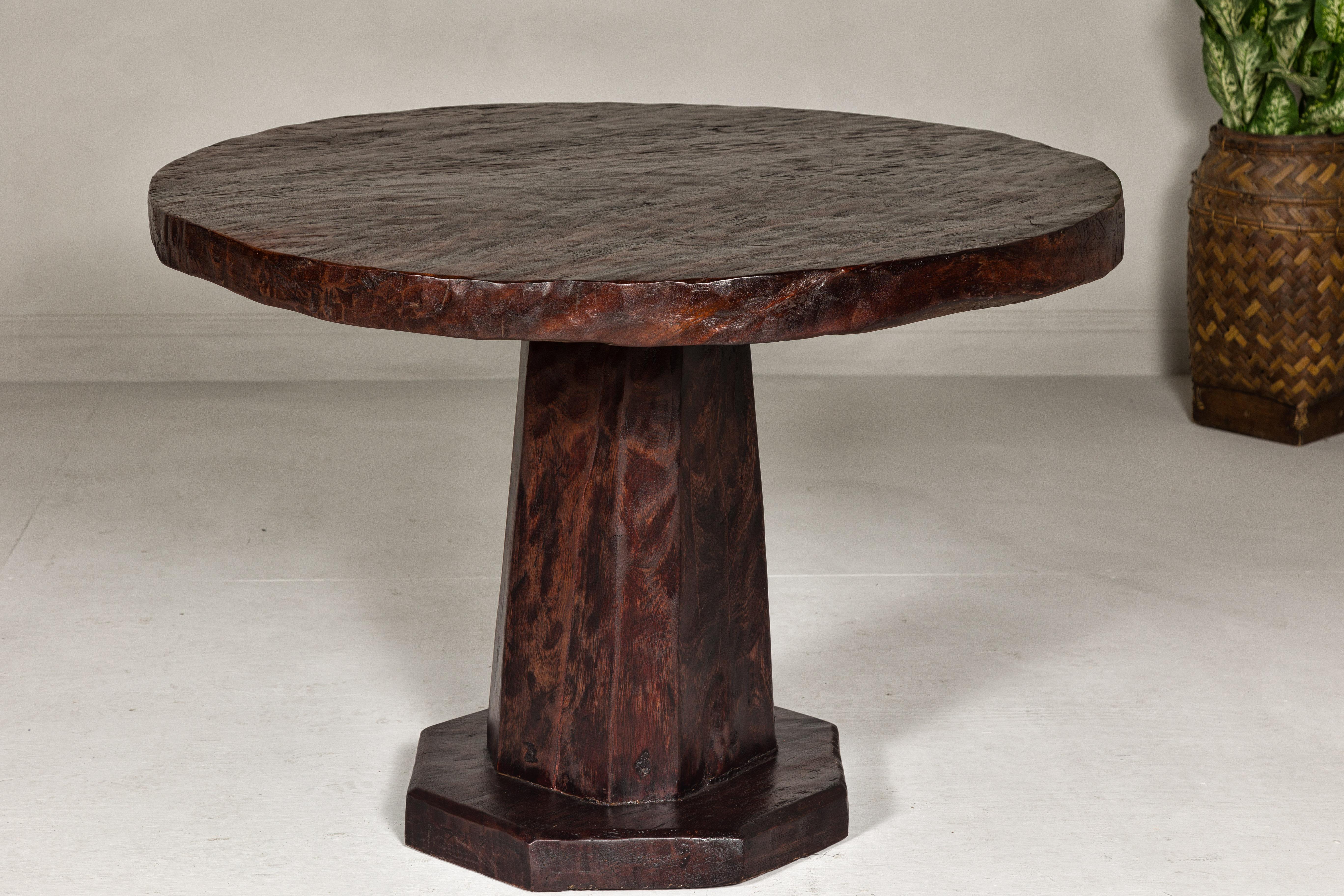 Teak Wood Round Top Center Pedestal Table with Dark Stain, Vintage For Sale 5