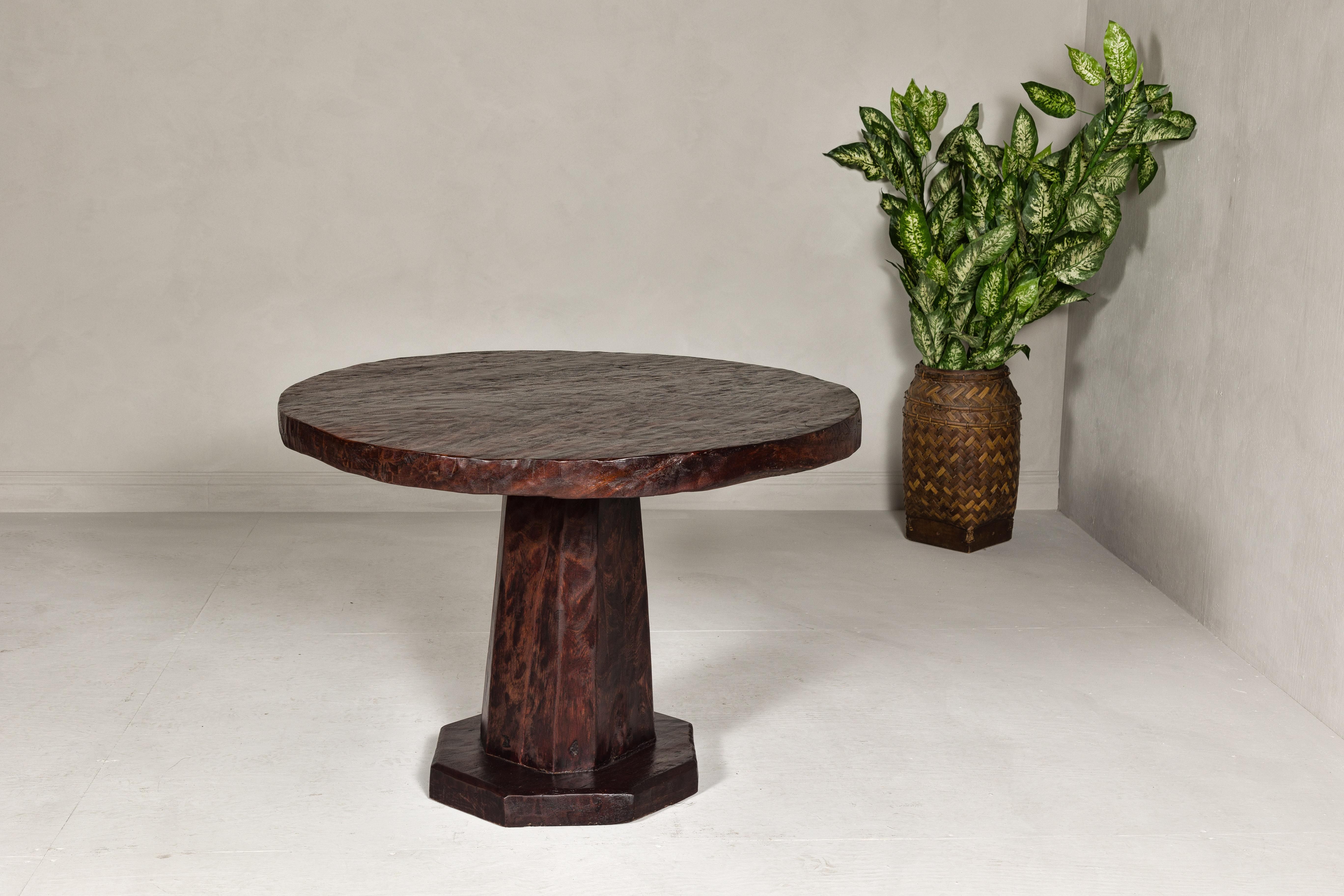 Teak Wood Round Top Center Pedestal Table with Dark Stain, Vintage For Sale 6