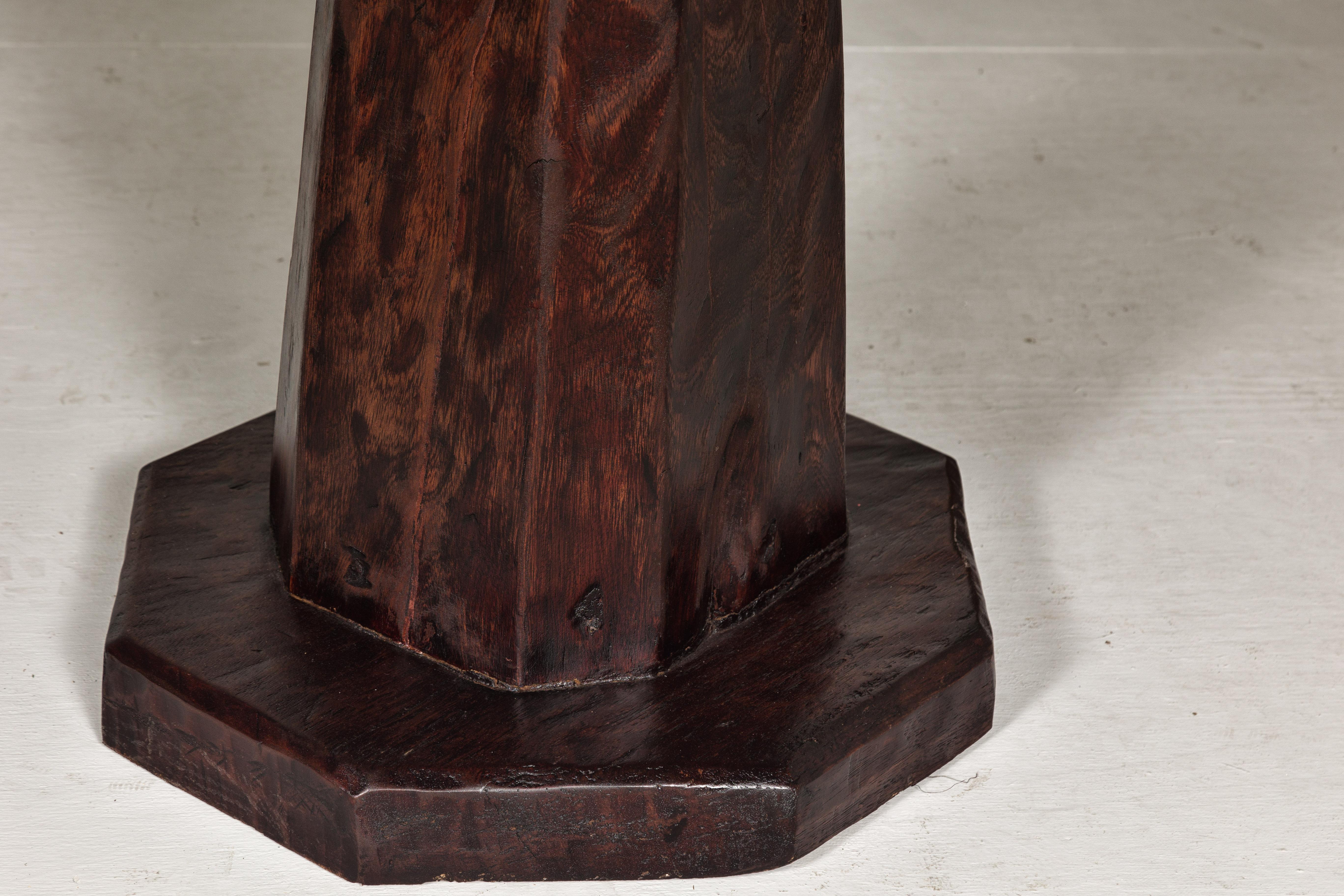 Teak Wood Round Top Center Pedestal Table with Dark Stain, Vintage For Sale 7