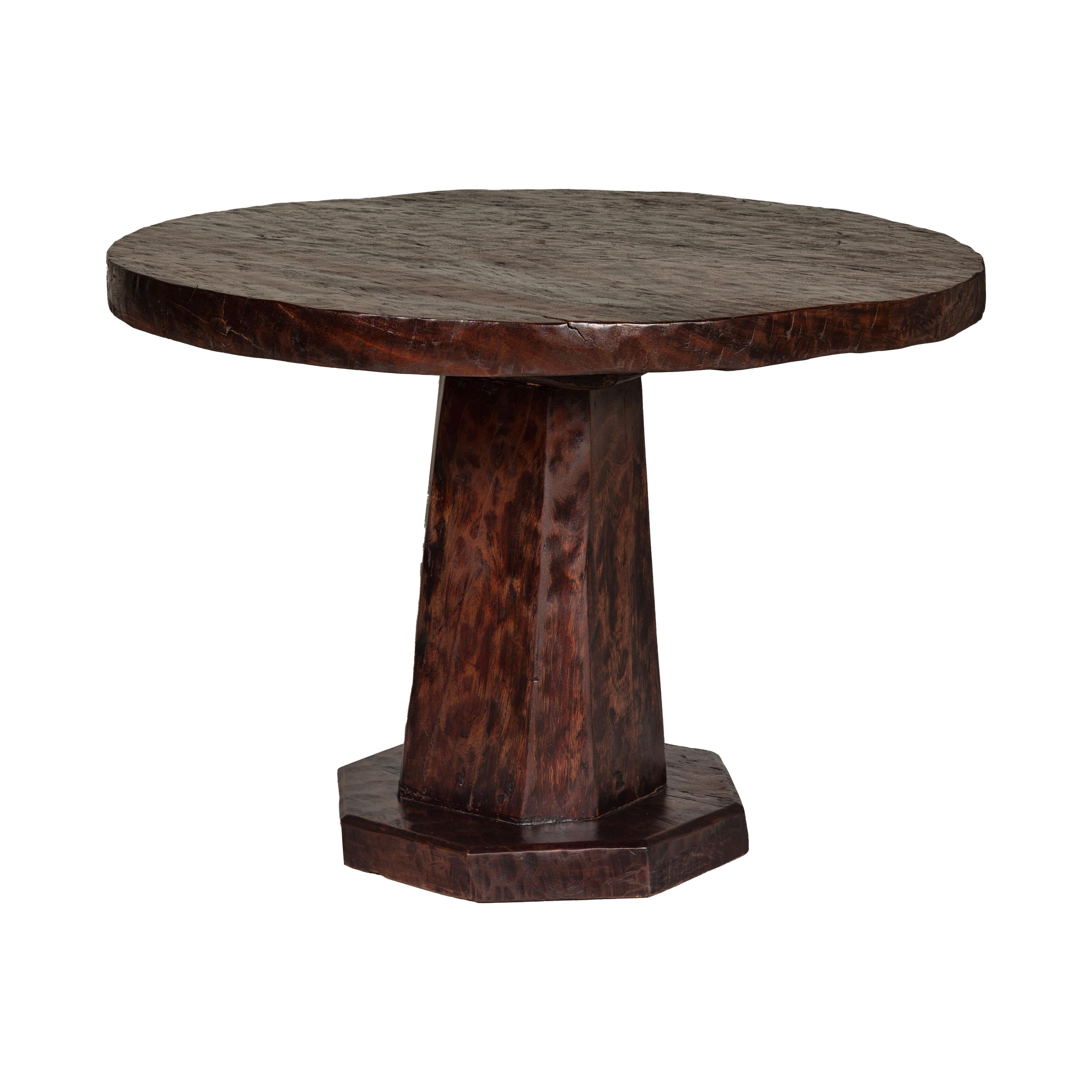 Teak Wood Round Top Center Pedestal Table with Dark Stain, Vintage For Sale 8