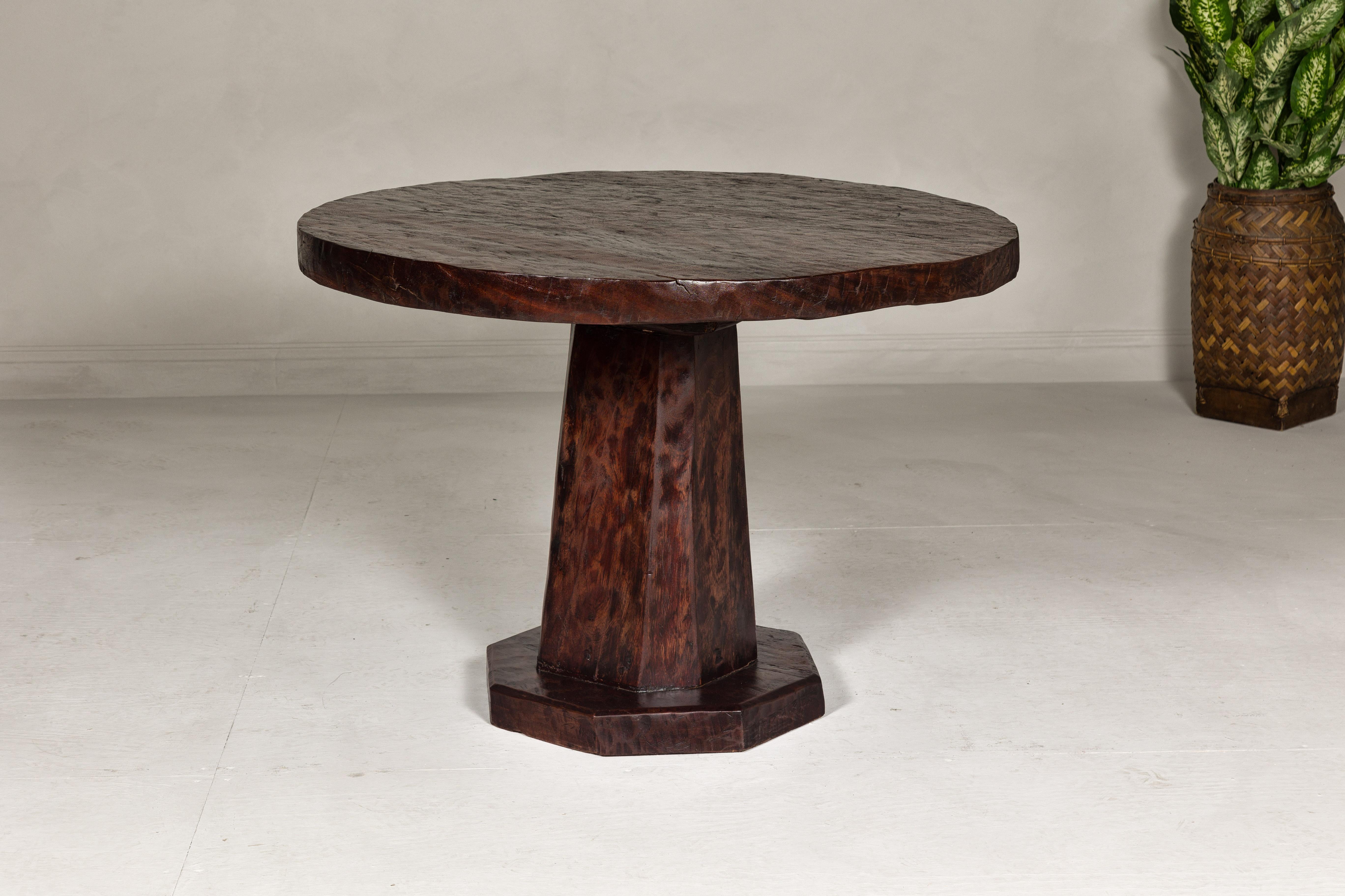 Javanese Teak Wood Round Top Center Pedestal Table with Dark Stain, Vintage For Sale