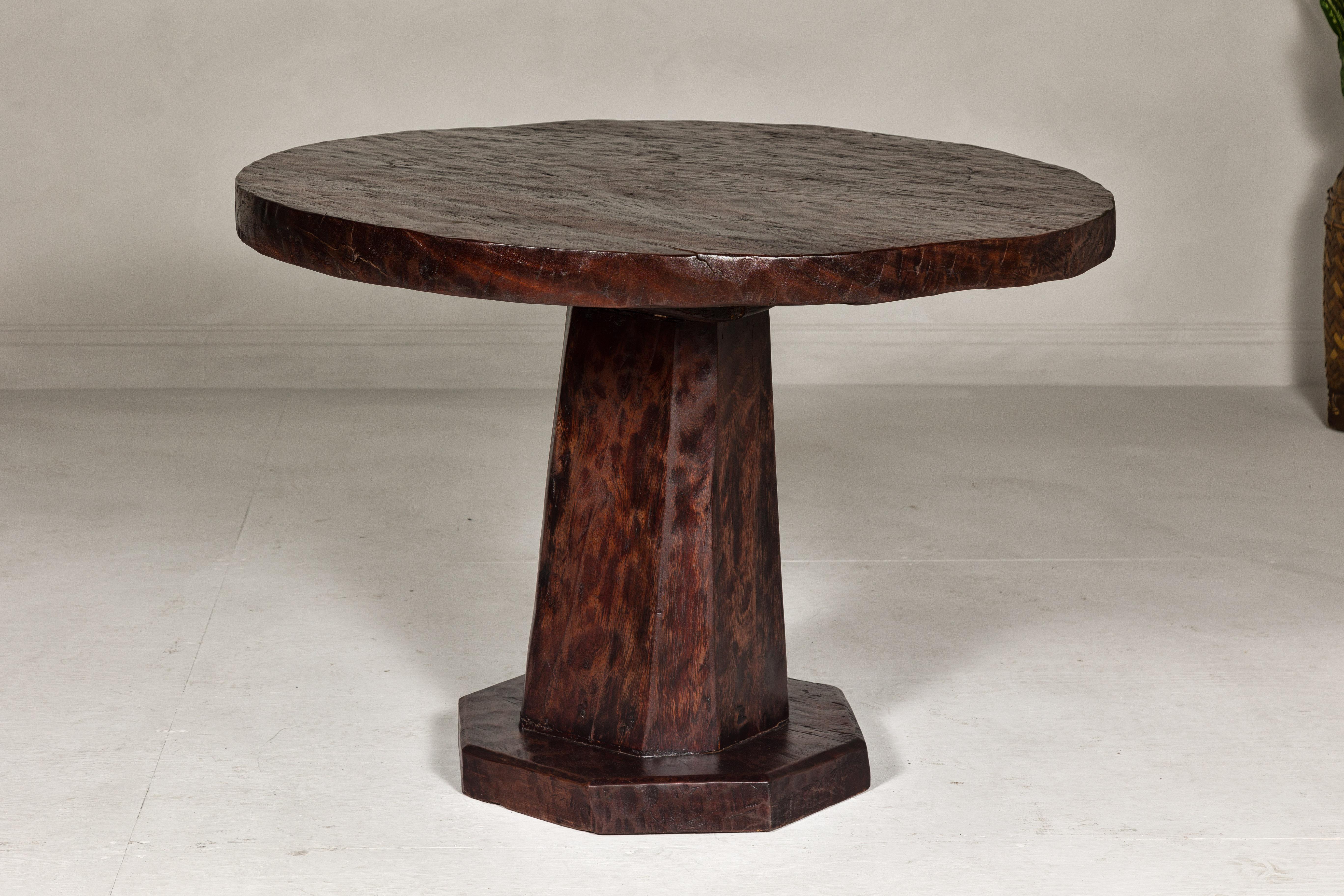 Carved Teak Wood Round Top Center Pedestal Table with Dark Stain, Vintage For Sale