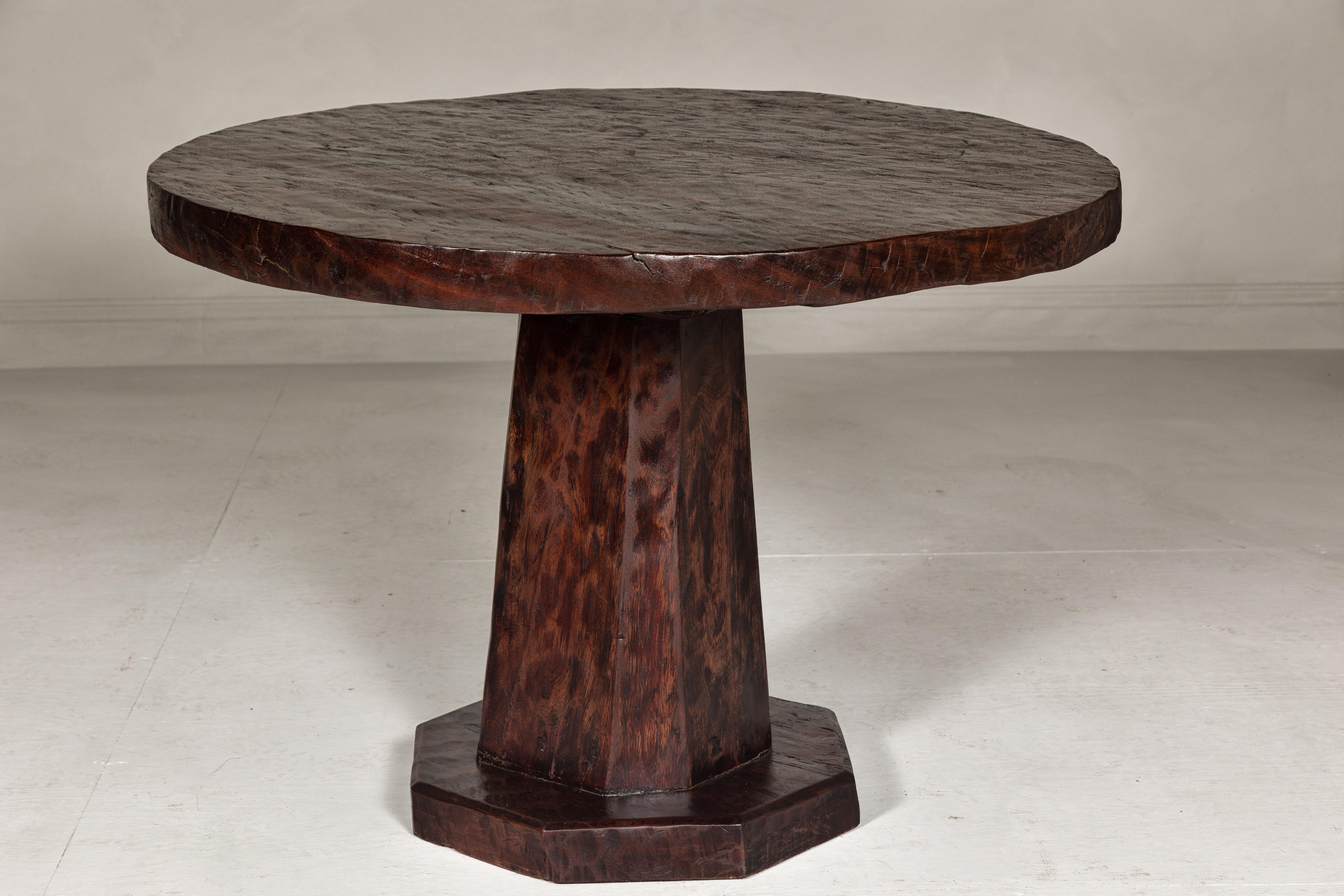 Teak Wood Round Top Center Pedestal Table with Dark Stain, Vintage In Good Condition For Sale In Yonkers, NY