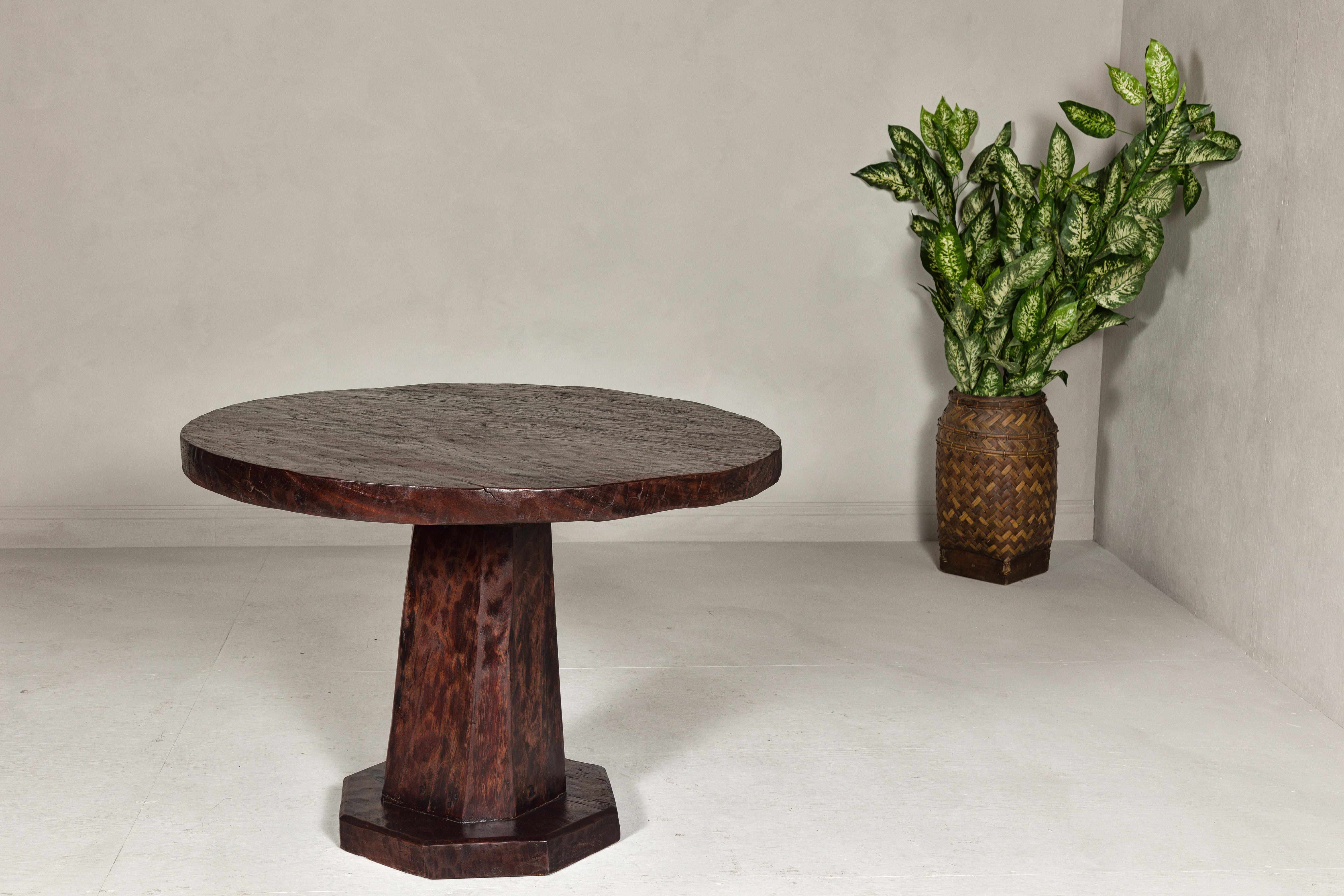 20th Century Teak Wood Round Top Center Pedestal Table with Dark Stain, Vintage For Sale