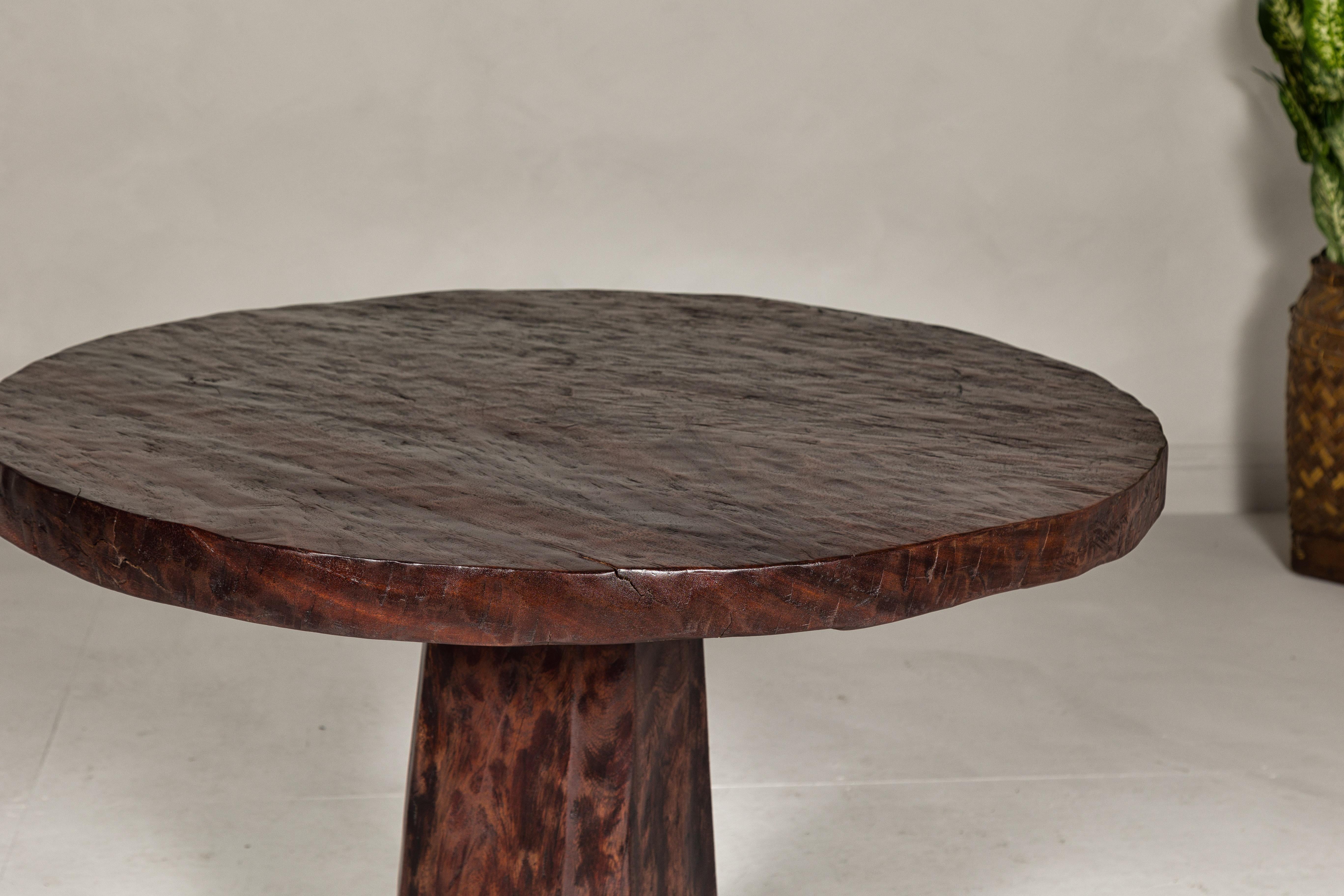 Teak Wood Round Top Center Pedestal Table with Dark Stain, Vintage For Sale 1