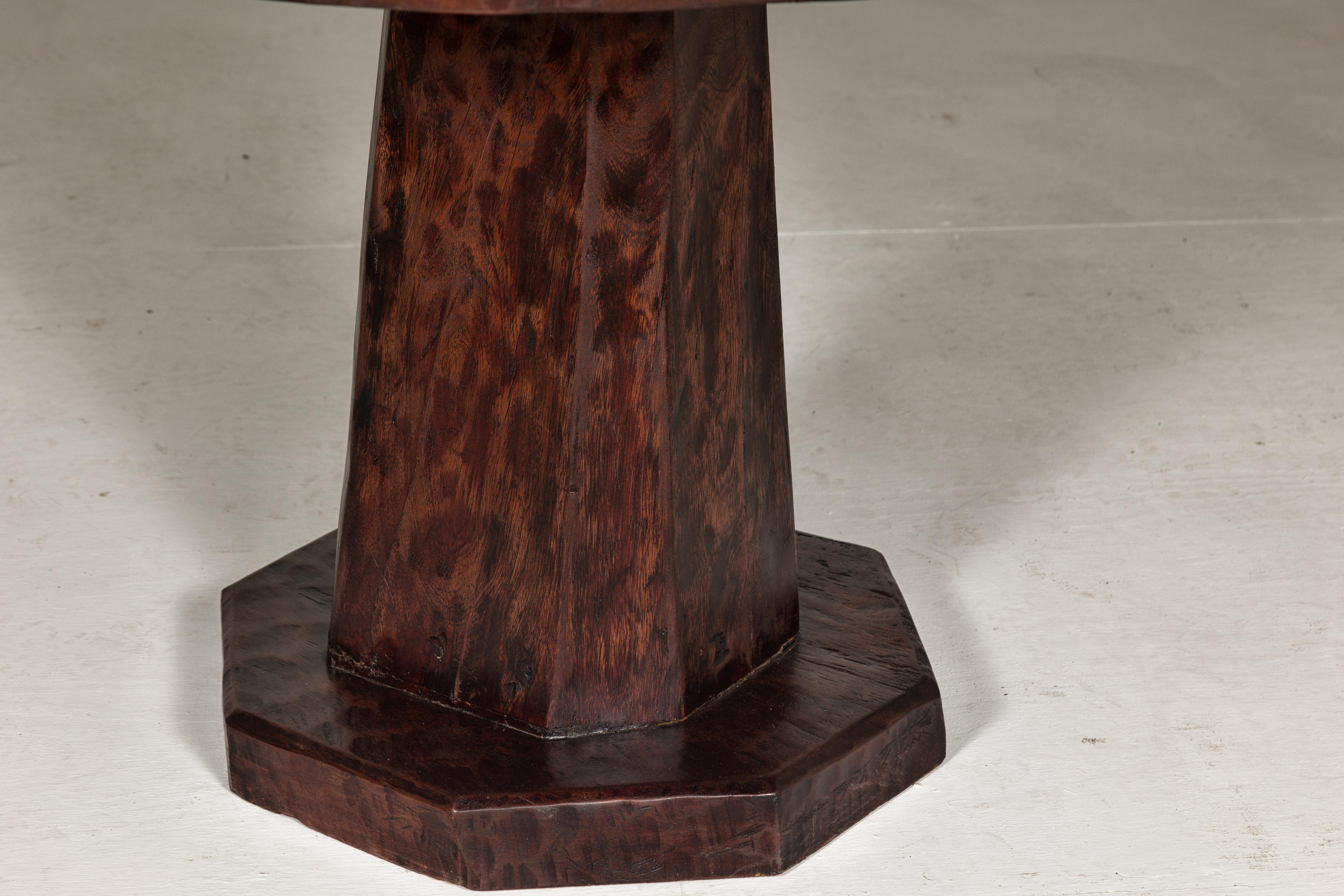 Teak Wood Round Top Center Pedestal Table with Dark Stain, Vintage For Sale 2