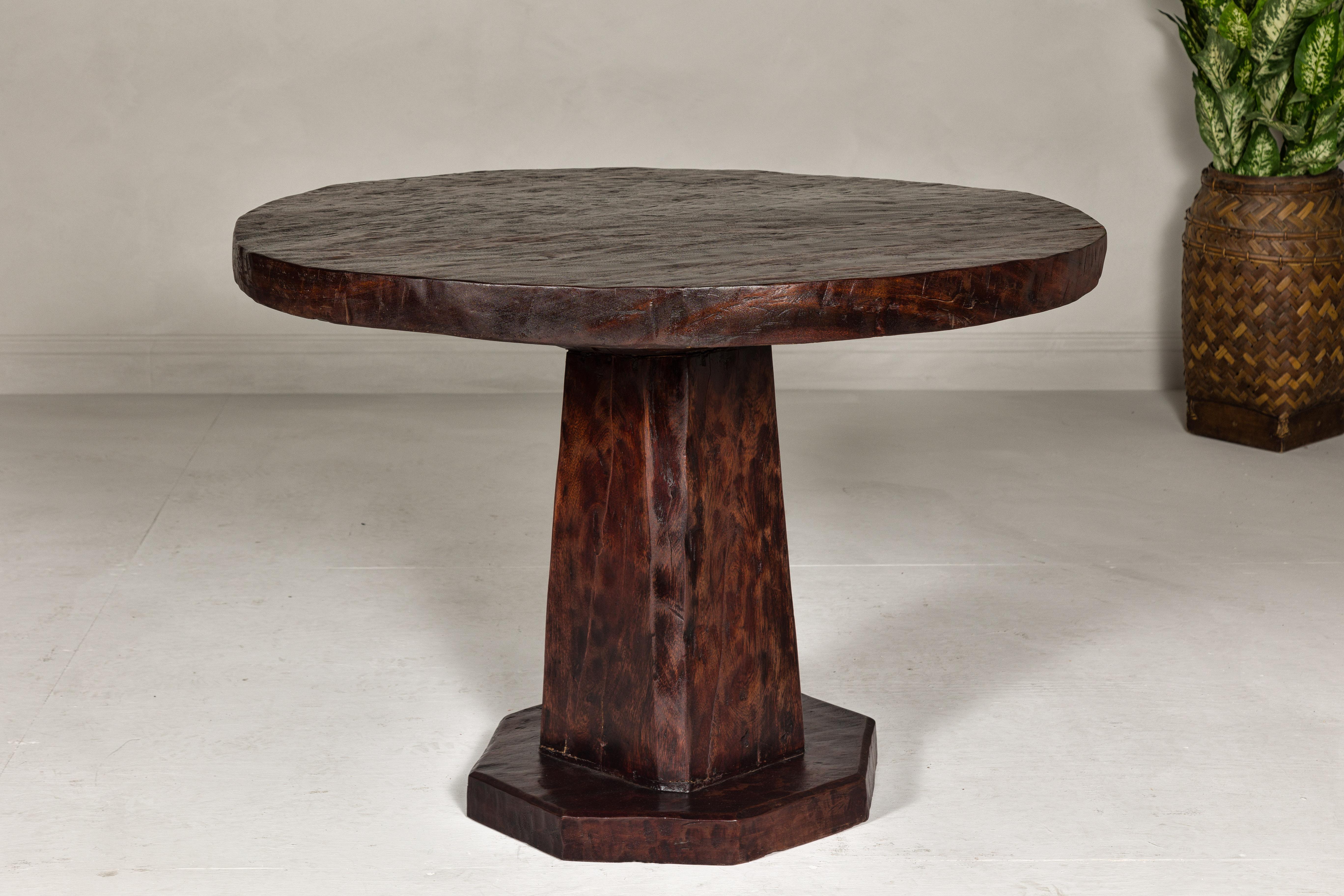 Teak Wood Round Top Center Pedestal Table with Dark Stain, Vintage For Sale 3