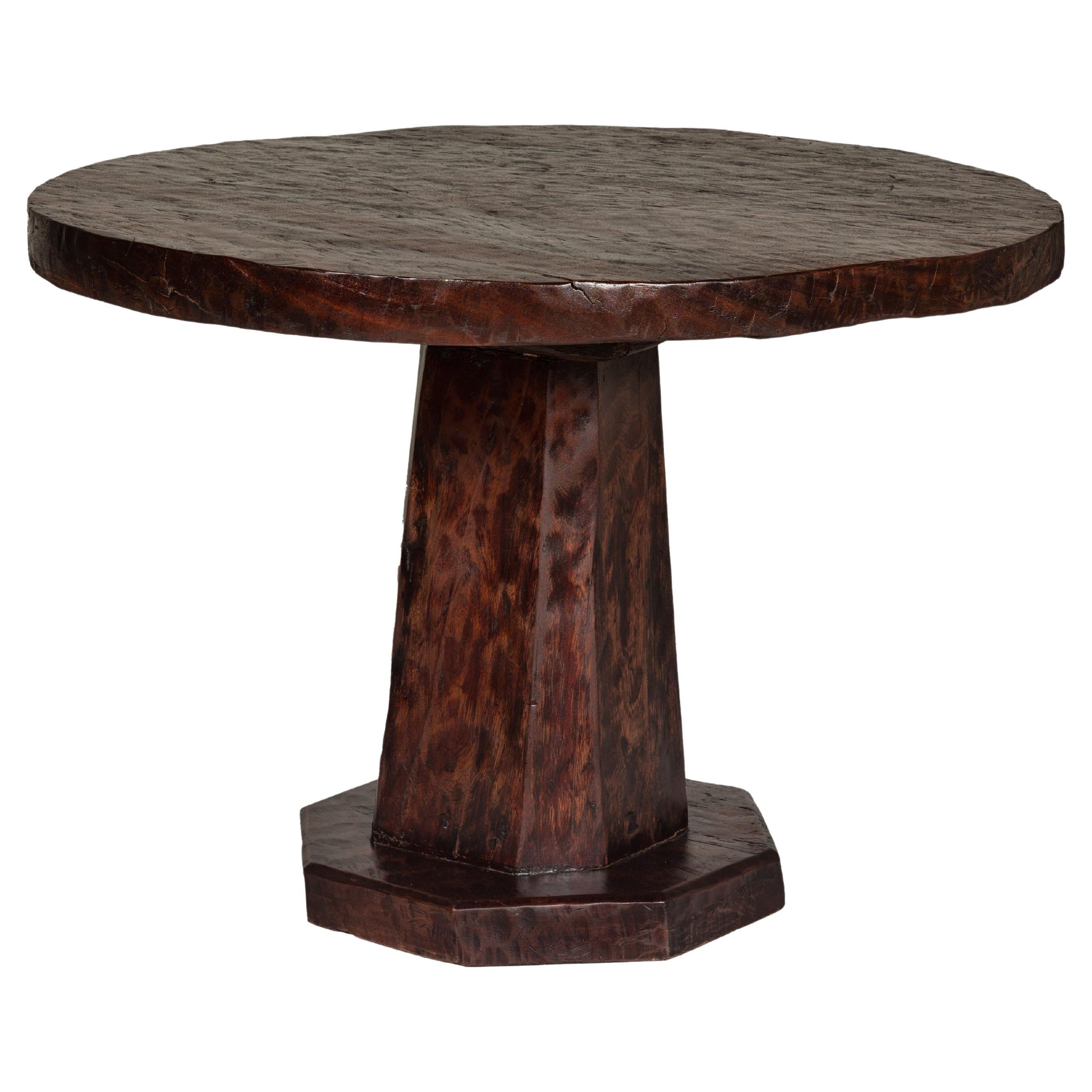 Teak Wood Round Top Center Pedestal Table with Dark Stain, Vintage For Sale