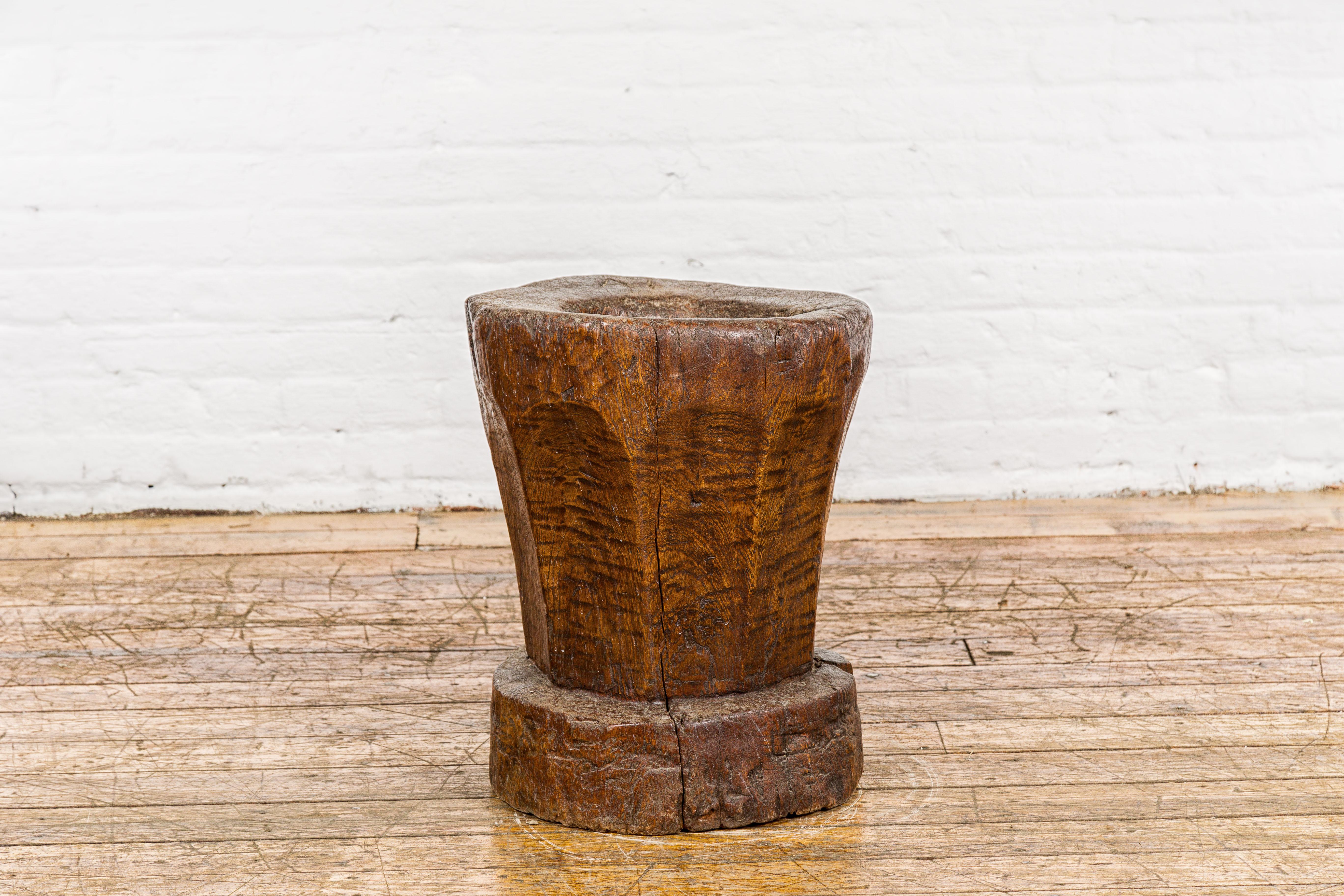 Teak Wood Rustic Mortar Urn Repurposed as an Antique Planter, 19th Century For Sale 5