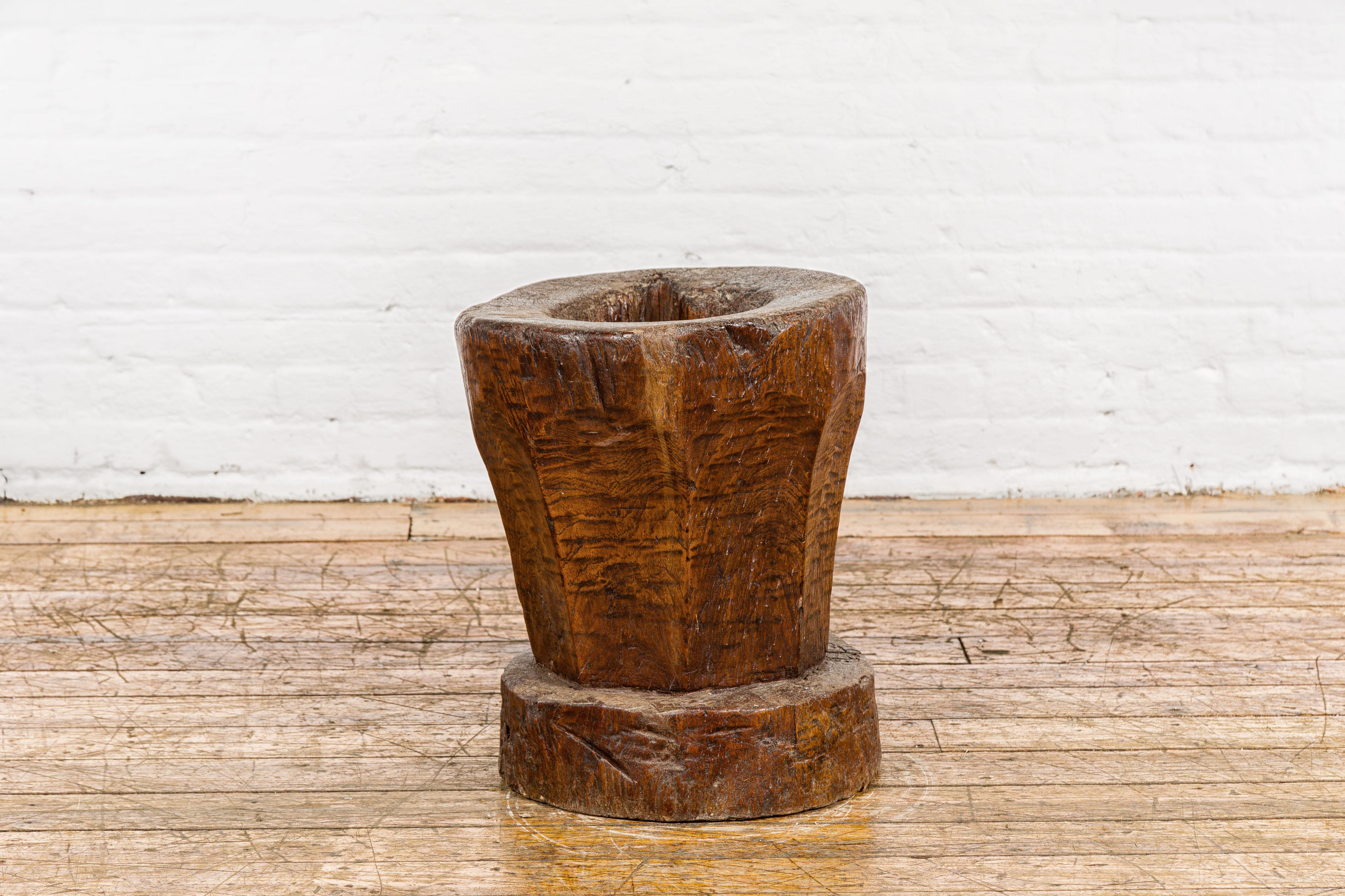 Teak Wood Rustic Mortar Urn Repurposed as an Antique Planter, 19th Century For Sale 6