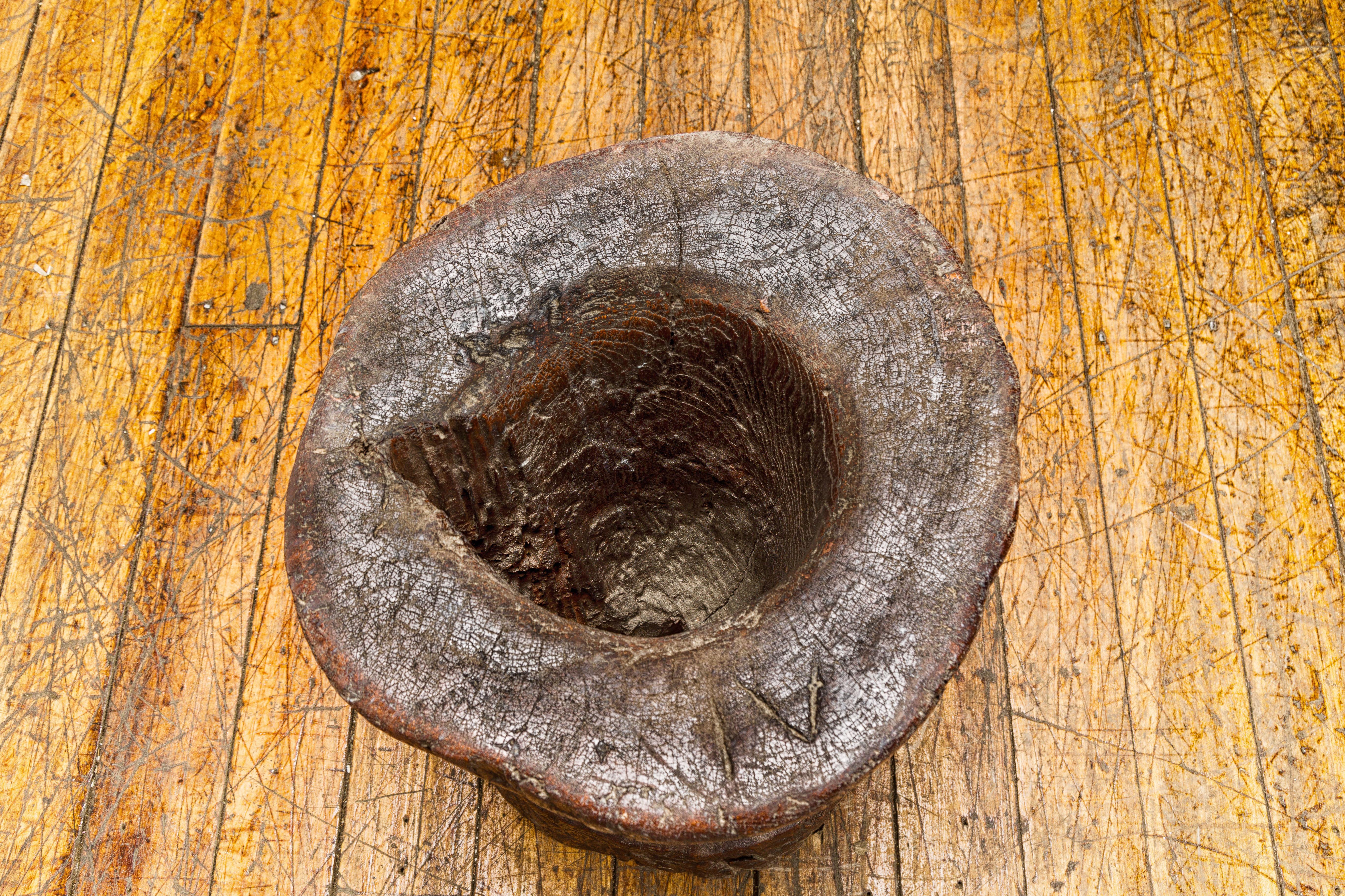 Teak Wood Rustic Mortar Urn Repurposed as an Antique Planter, 19th Century For Sale 7