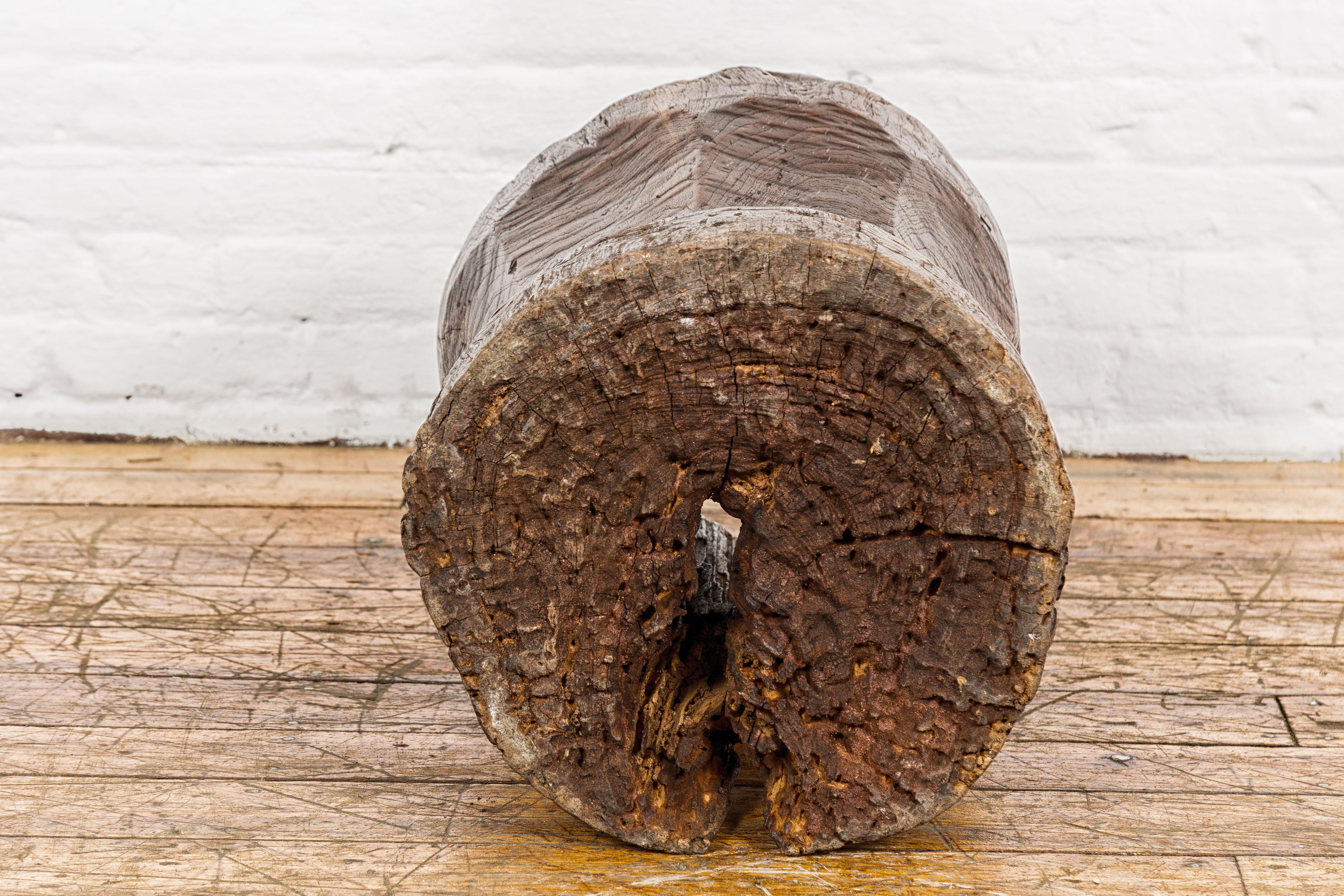 Teak Wood Rustic Mortar Urn Repurposed as an Antique Planter, 19th Century For Sale 9