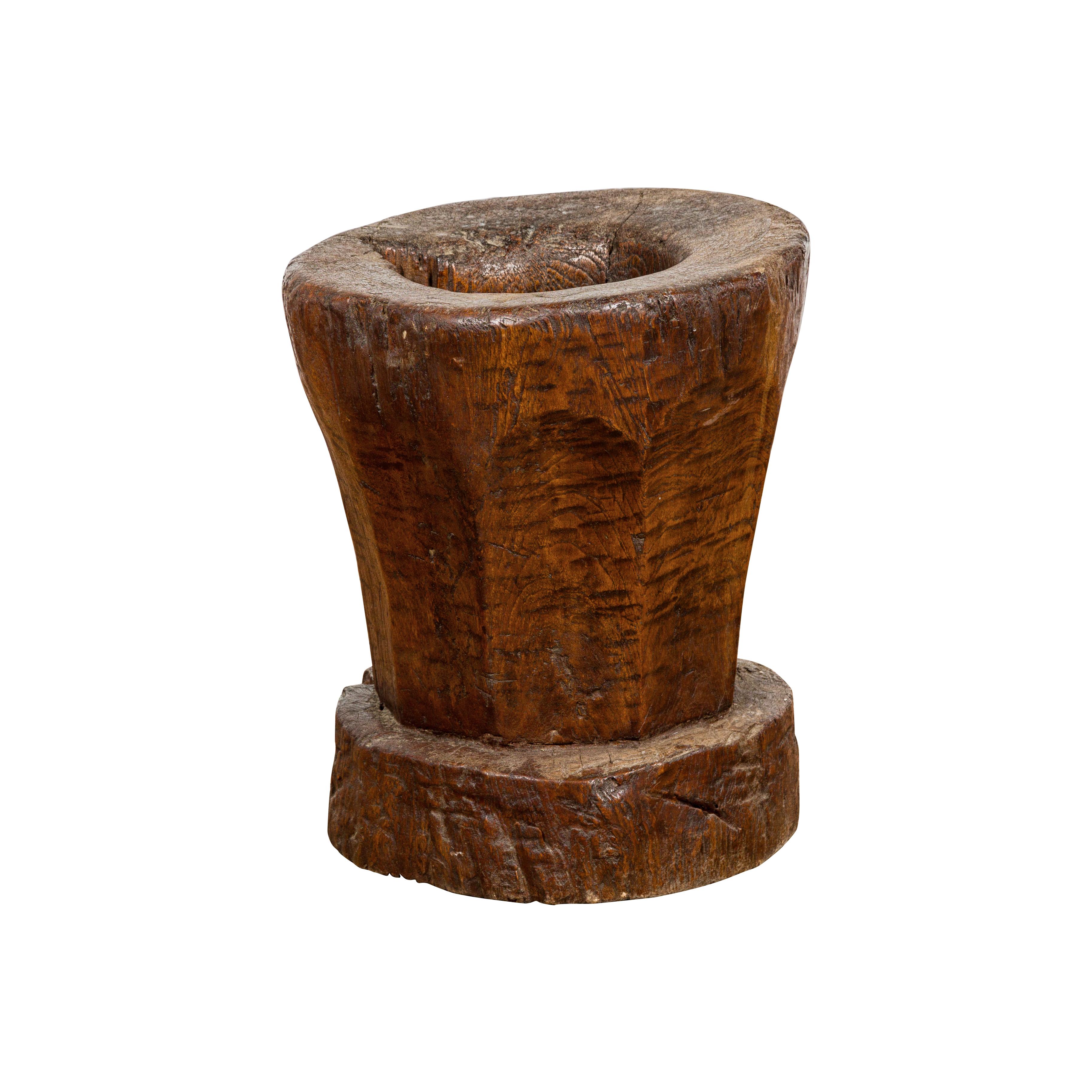 Teak Wood Rustic Mortar Urn Repurposed as an Antique Planter, 19th Century For Sale 10