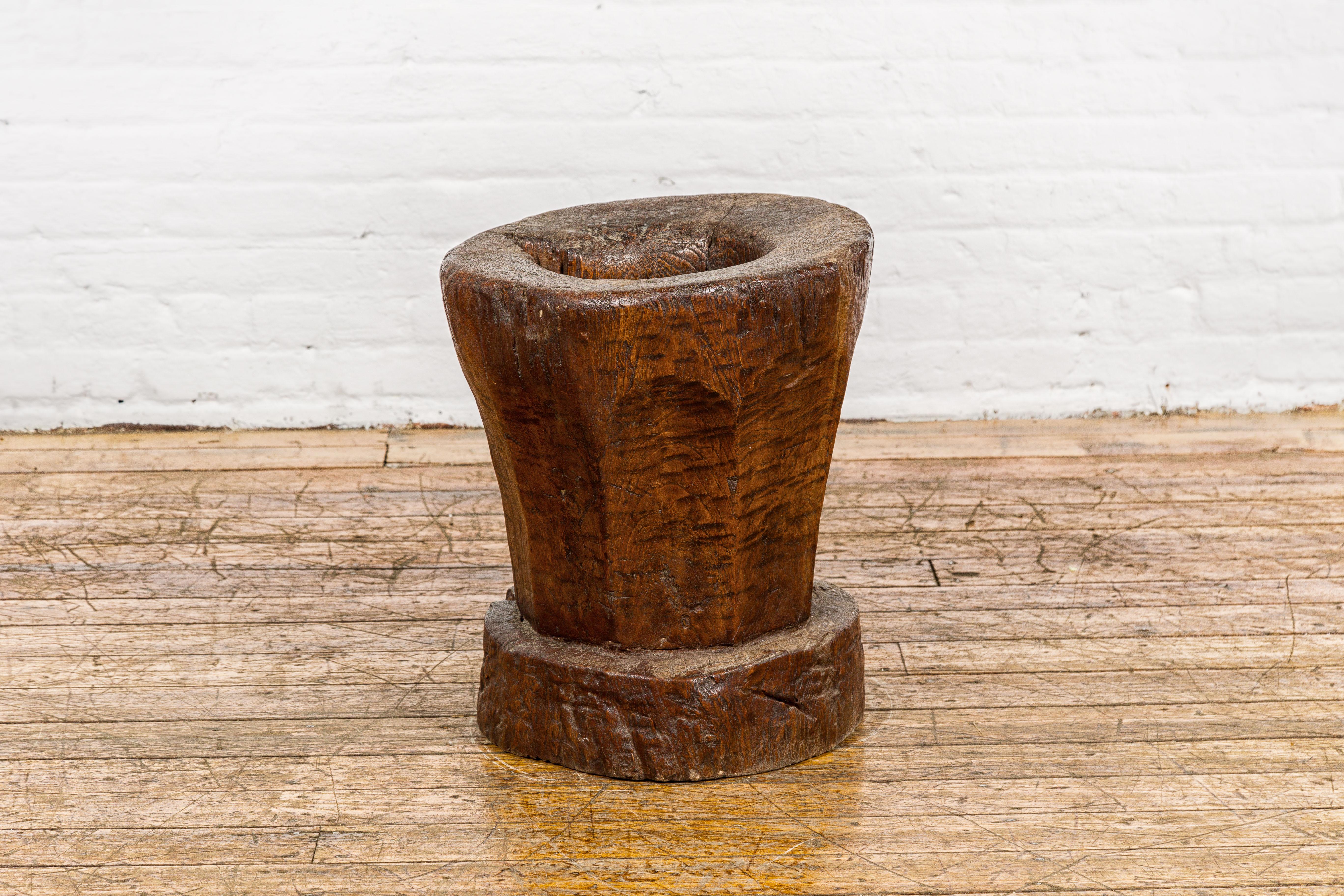 Indonesian Teak Wood Rustic Mortar Urn Repurposed as an Antique Planter, 19th Century For Sale