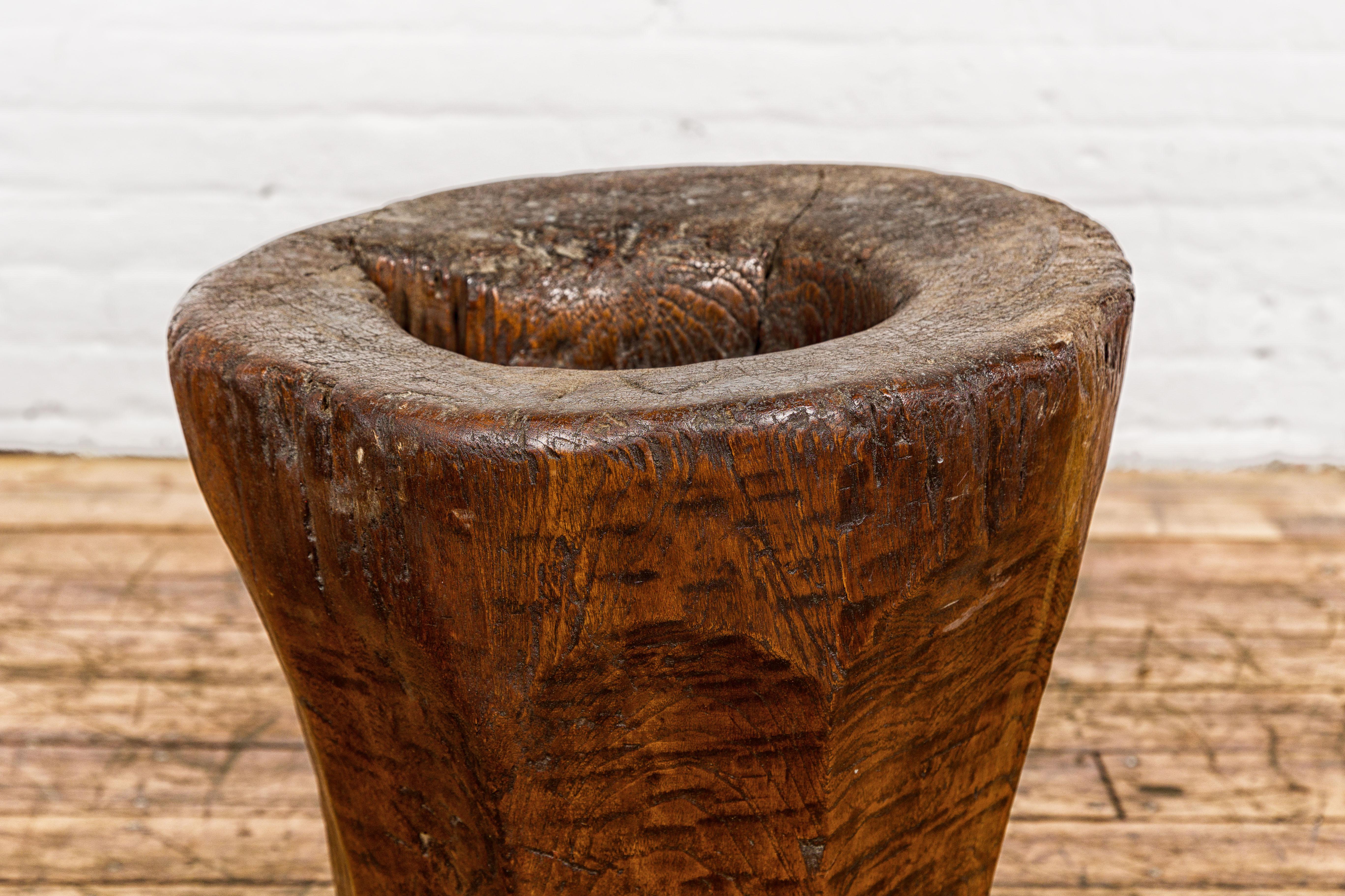 Carved Teak Wood Rustic Mortar Urn Repurposed as an Antique Planter, 19th Century For Sale