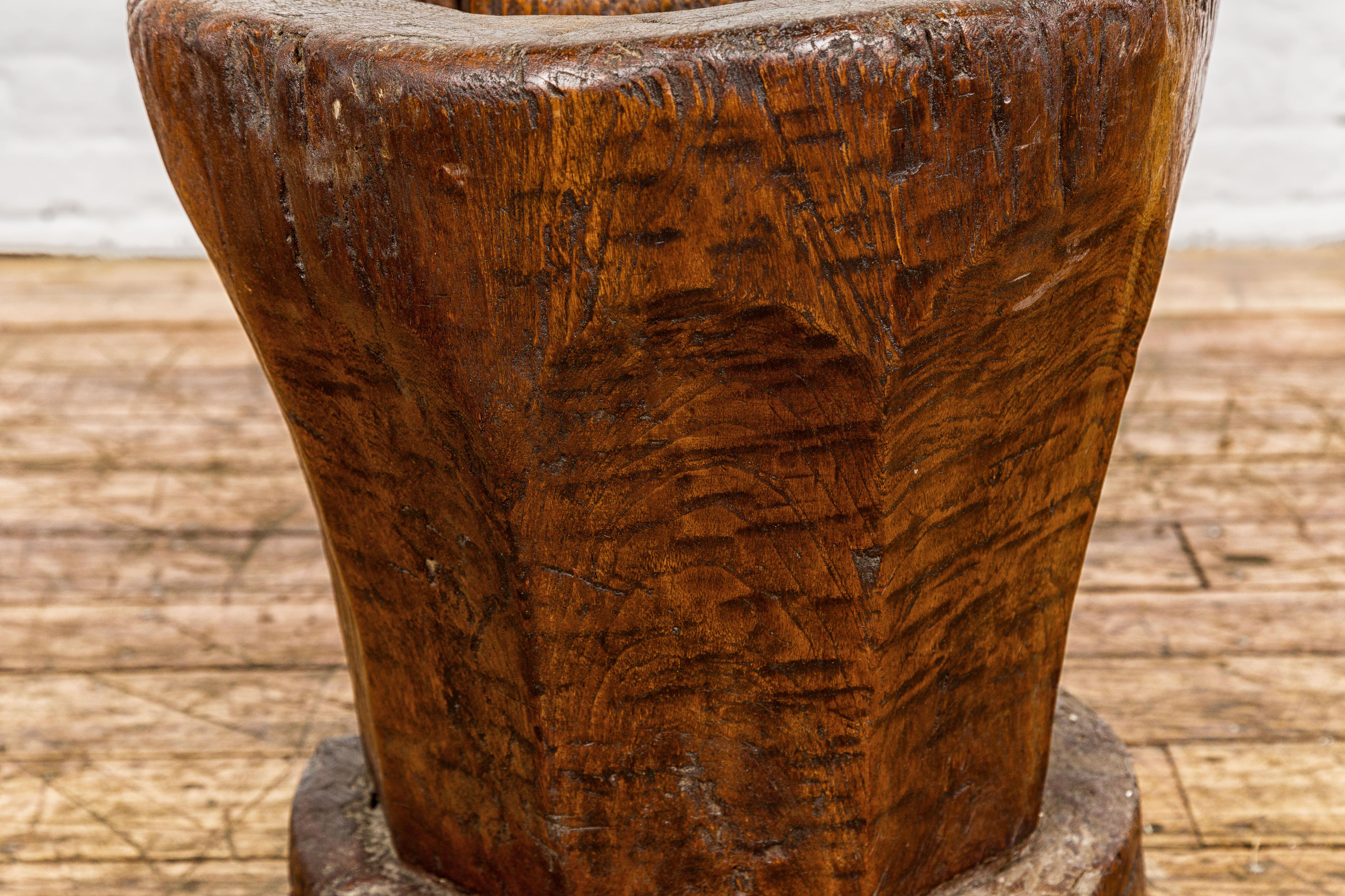 Teak Wood Rustic Mortar Urn Repurposed as an Antique Planter, 19th Century In Good Condition For Sale In Yonkers, NY