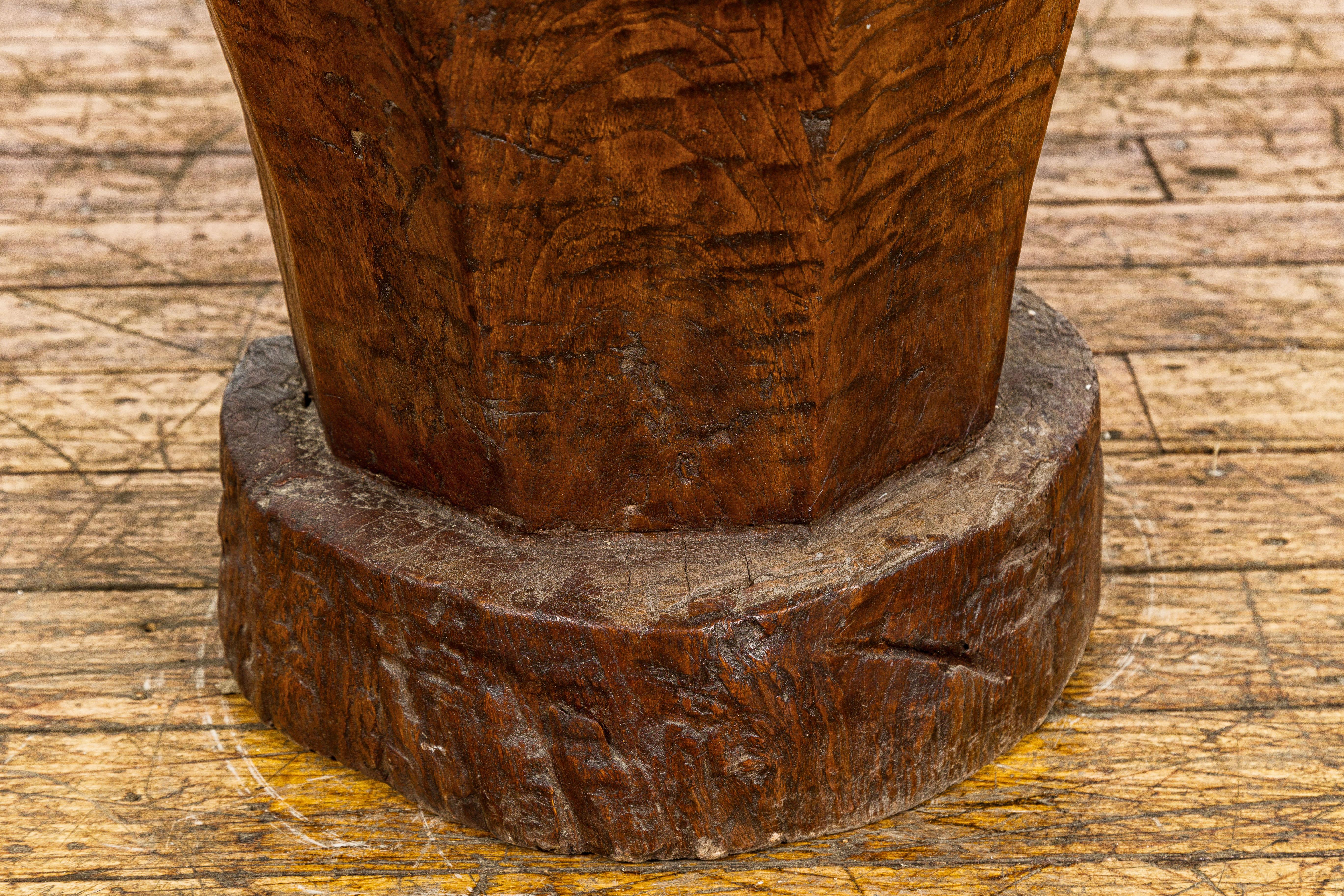 Teak Wood Rustic Mortar Urn Repurposed as an Antique Planter, 19th Century For Sale 1