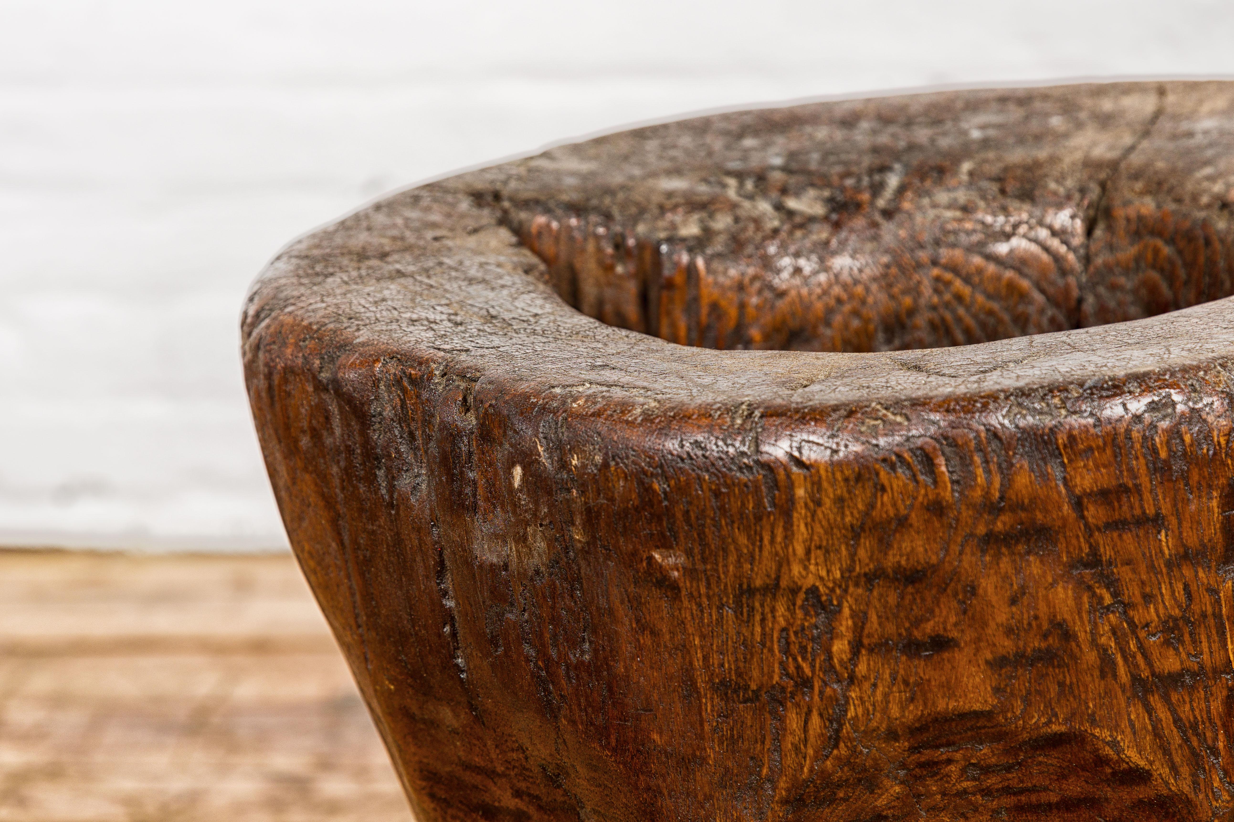 Teak Wood Rustic Mortar Urn Repurposed as an Antique Planter, 19th Century For Sale 2