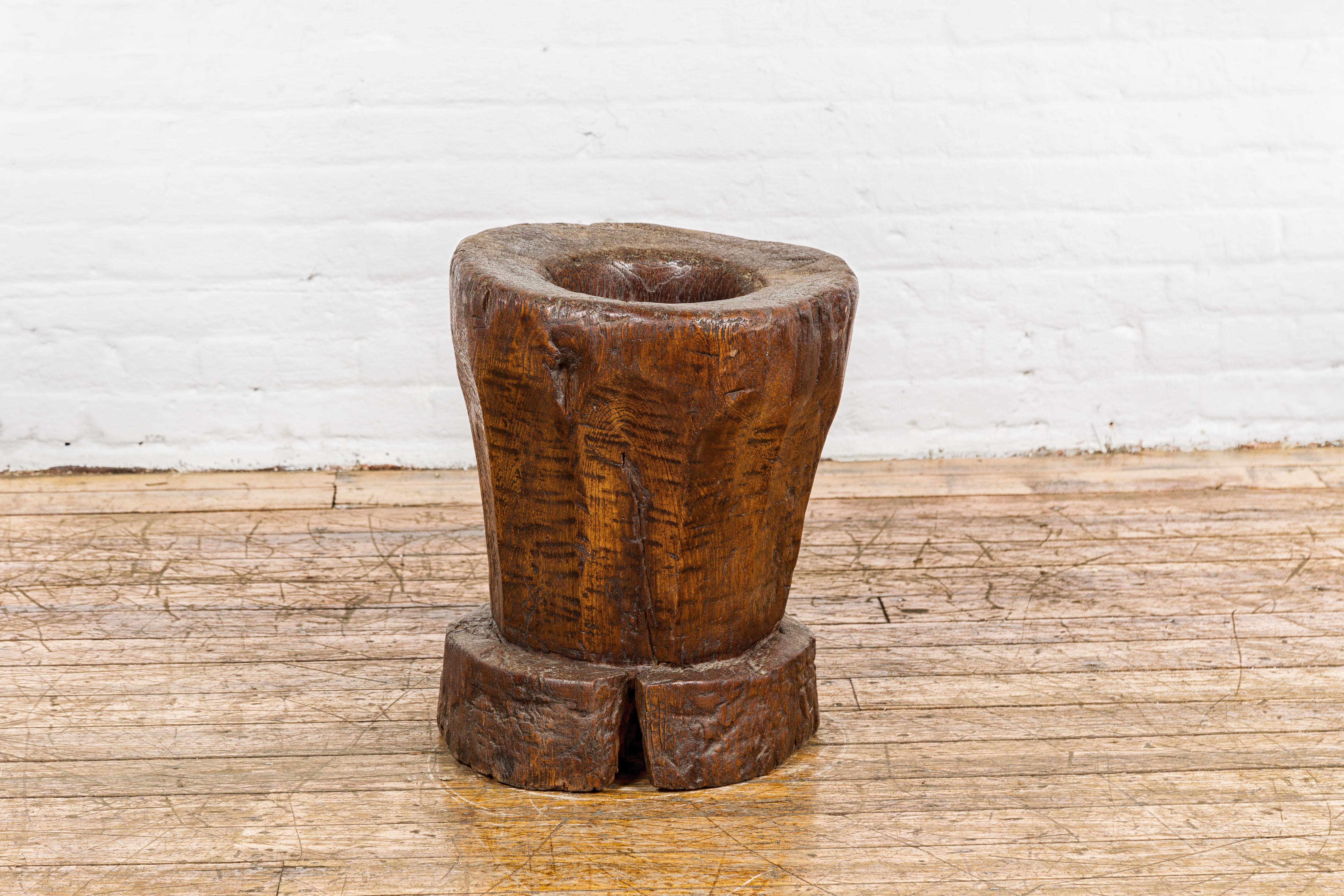 Teak Wood Rustic Mortar Urn Repurposed as an Antique Planter, 19th Century For Sale 4