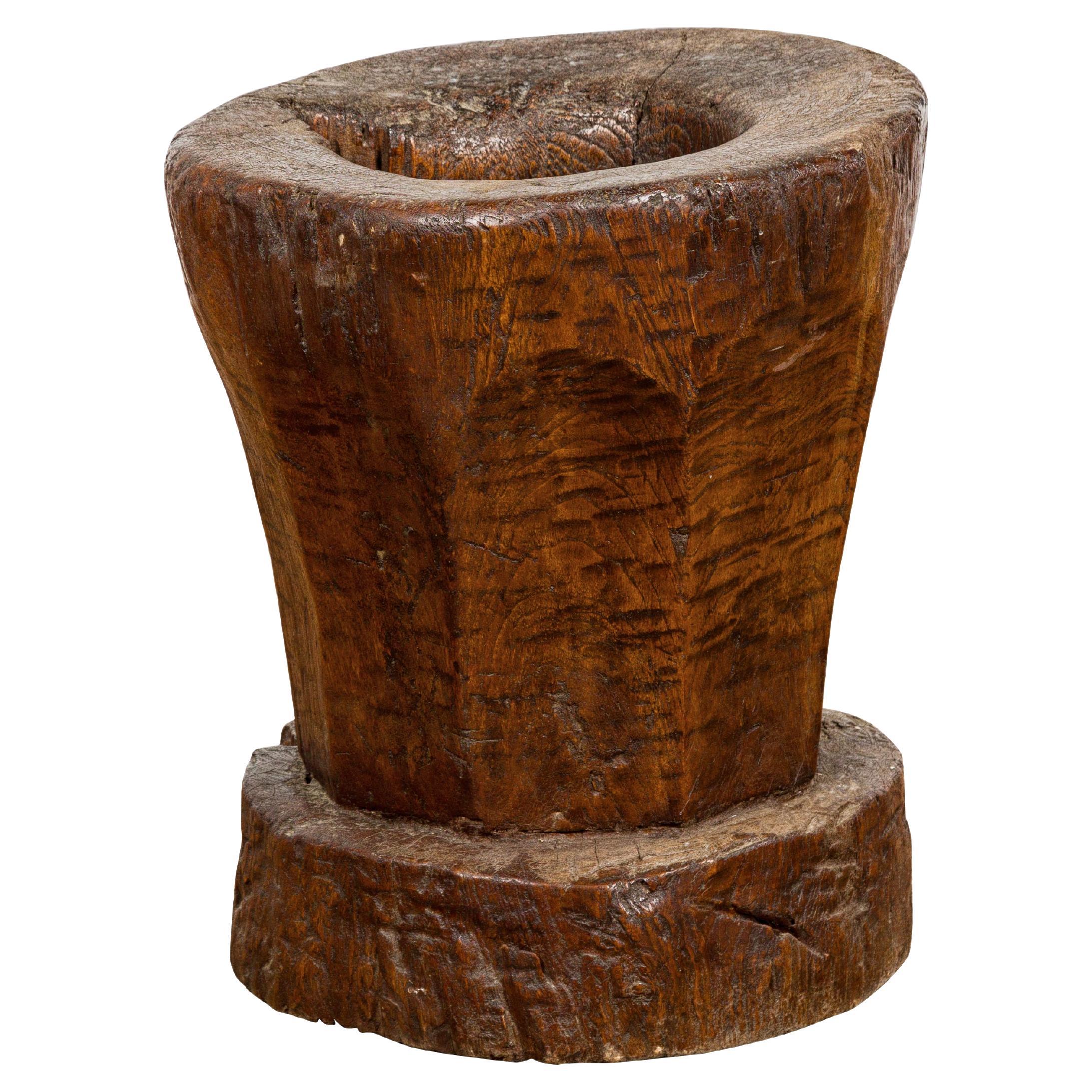 Teak Wood Rustic Mortar Urn Repurposed as an Antique Planter, 19th Century