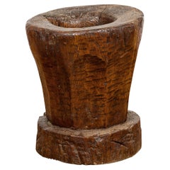 Teak Wood Rustic Mortar Urn Repurposed as an Used Planter, 19th Century