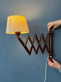 Teak Wood Scissor Wall Lamp with Beige Shade, 1970s
