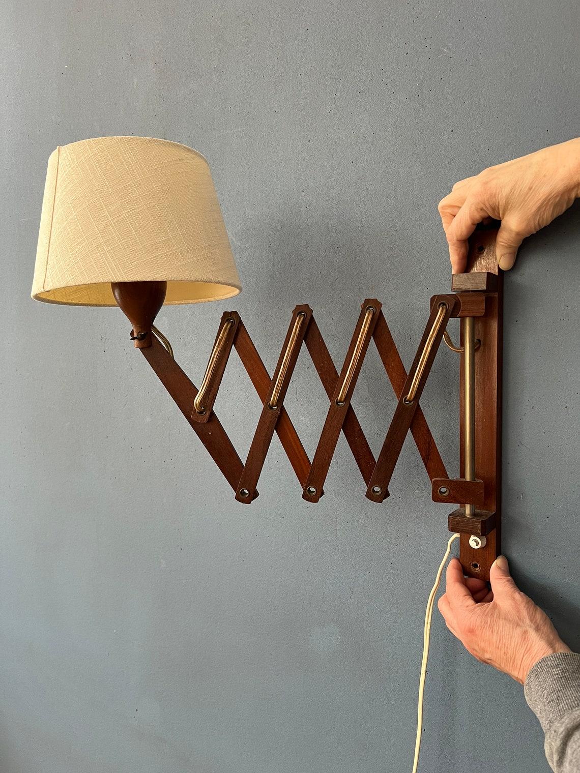 Linen Teak Wood Scissor Wall Lamp with Beige Shade, 1970s For Sale