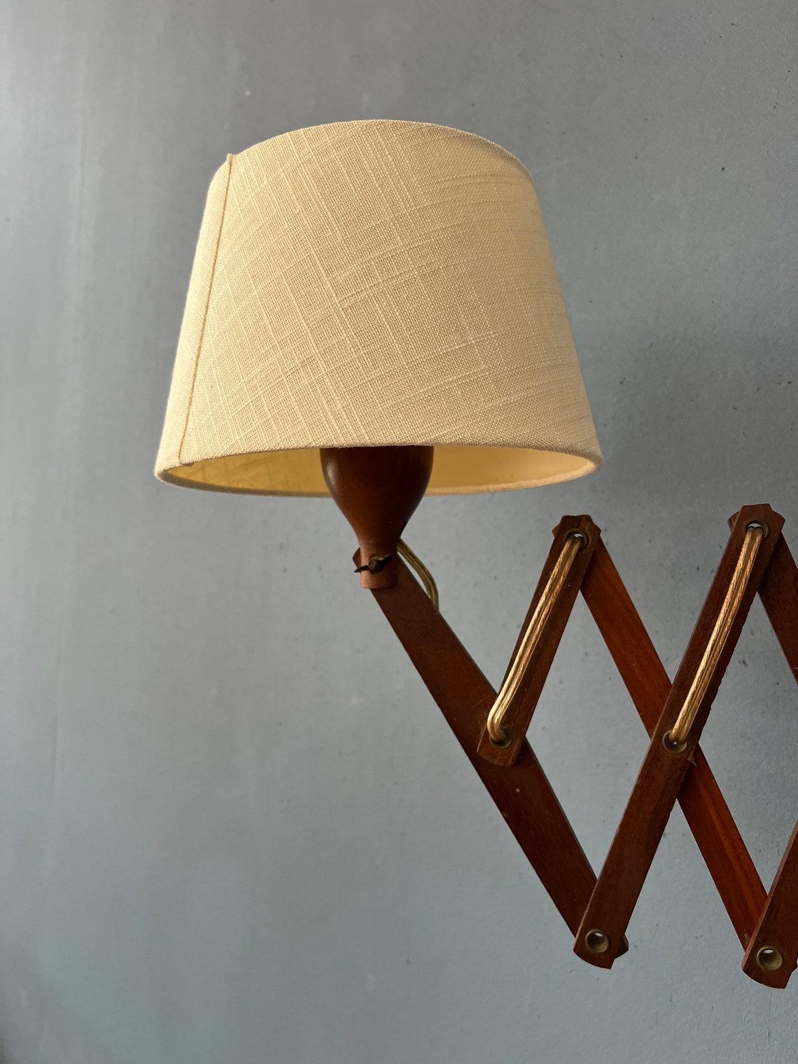 Teak Wood Scissor Wall Lamp with Beige Shade, 1970s For Sale 1