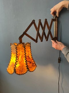 Teak Wood Scissor Wall Lamp with Warm-Toned Shade, 1970s