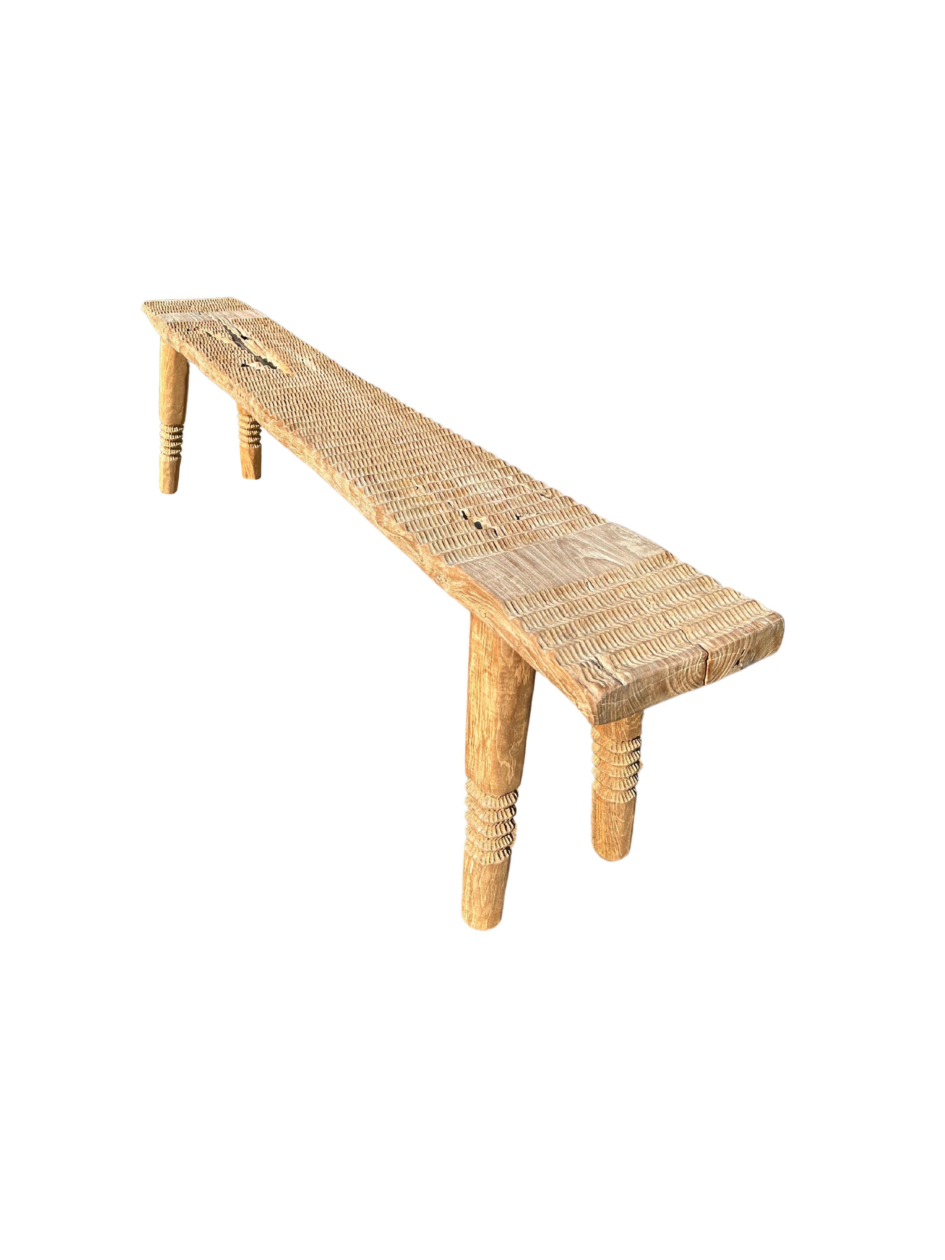 Other Teak Wood Sculptural Bench, Carved Detailing, Modern Organic For Sale