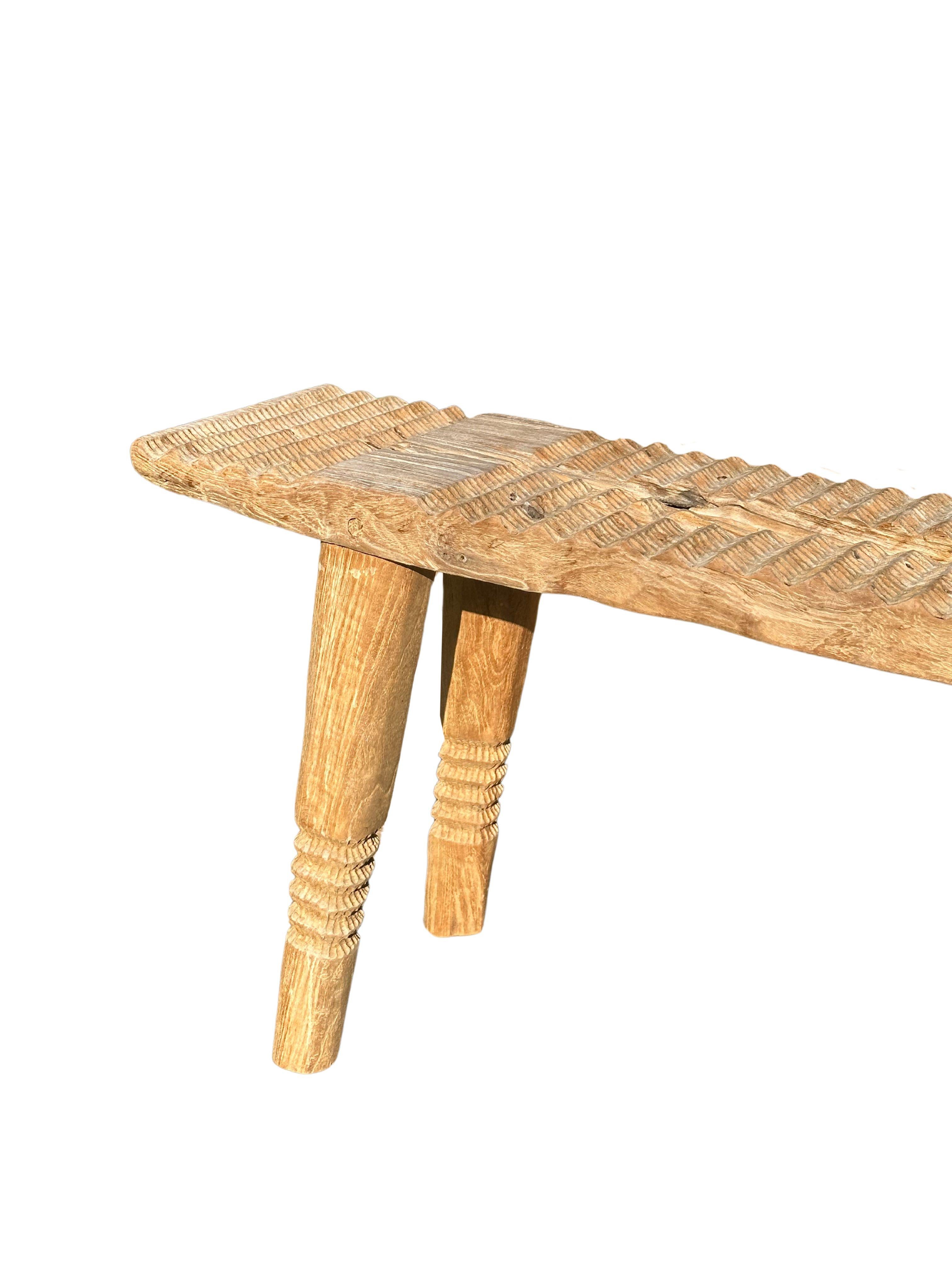 Indonesian Teak Wood Sculptural Bench, Carved Detailing, Modern Organic For Sale