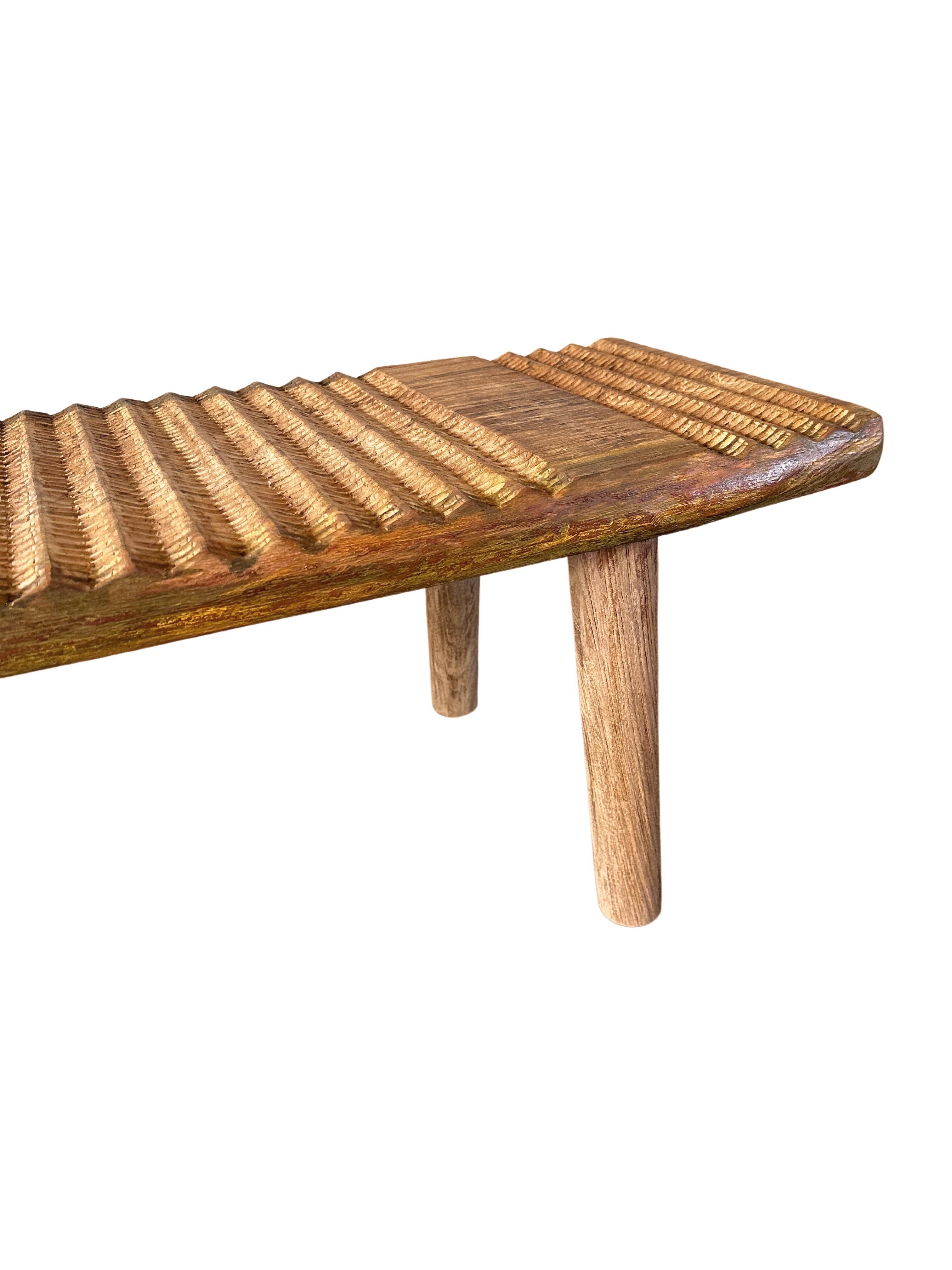 Hand-Carved Teak Wood Sculptural Bench, Carved Detailing, Modern Organic For Sale