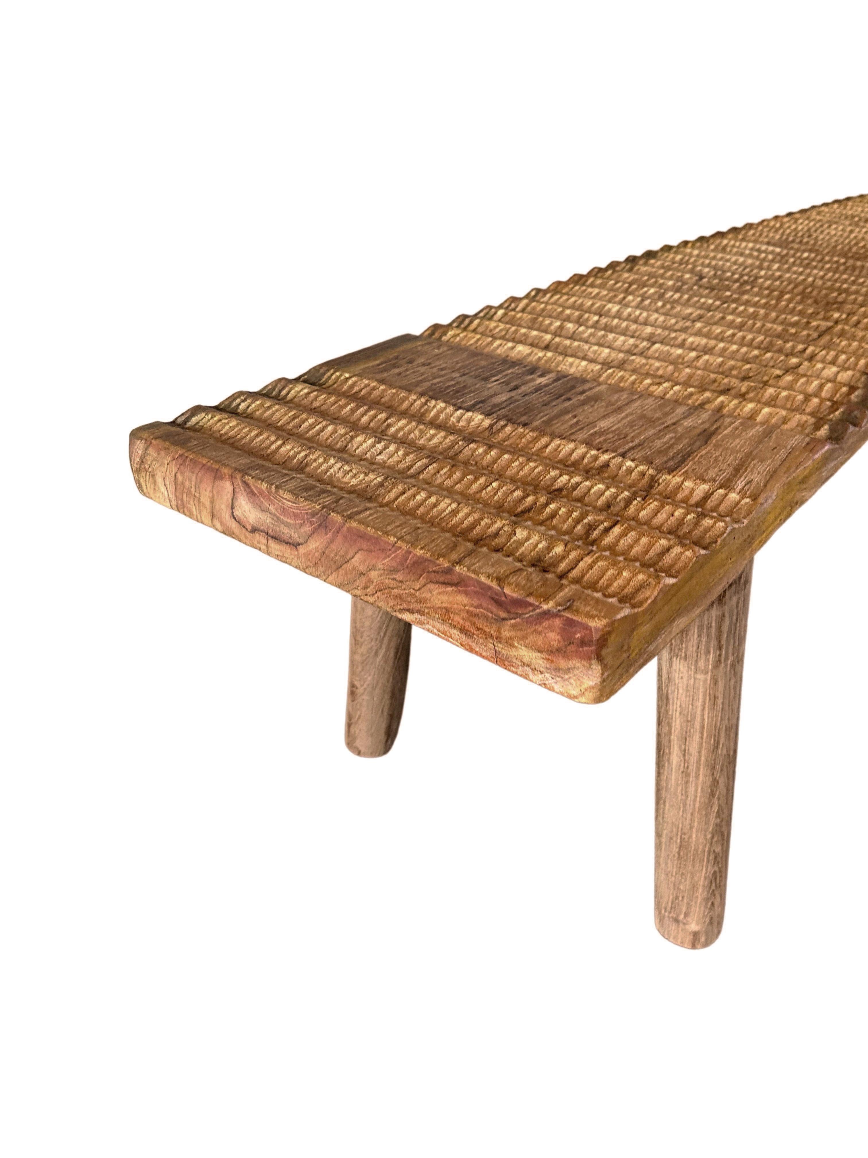 Contemporary Teak Wood Sculptural Bench, Carved Detailing, Modern Organic For Sale