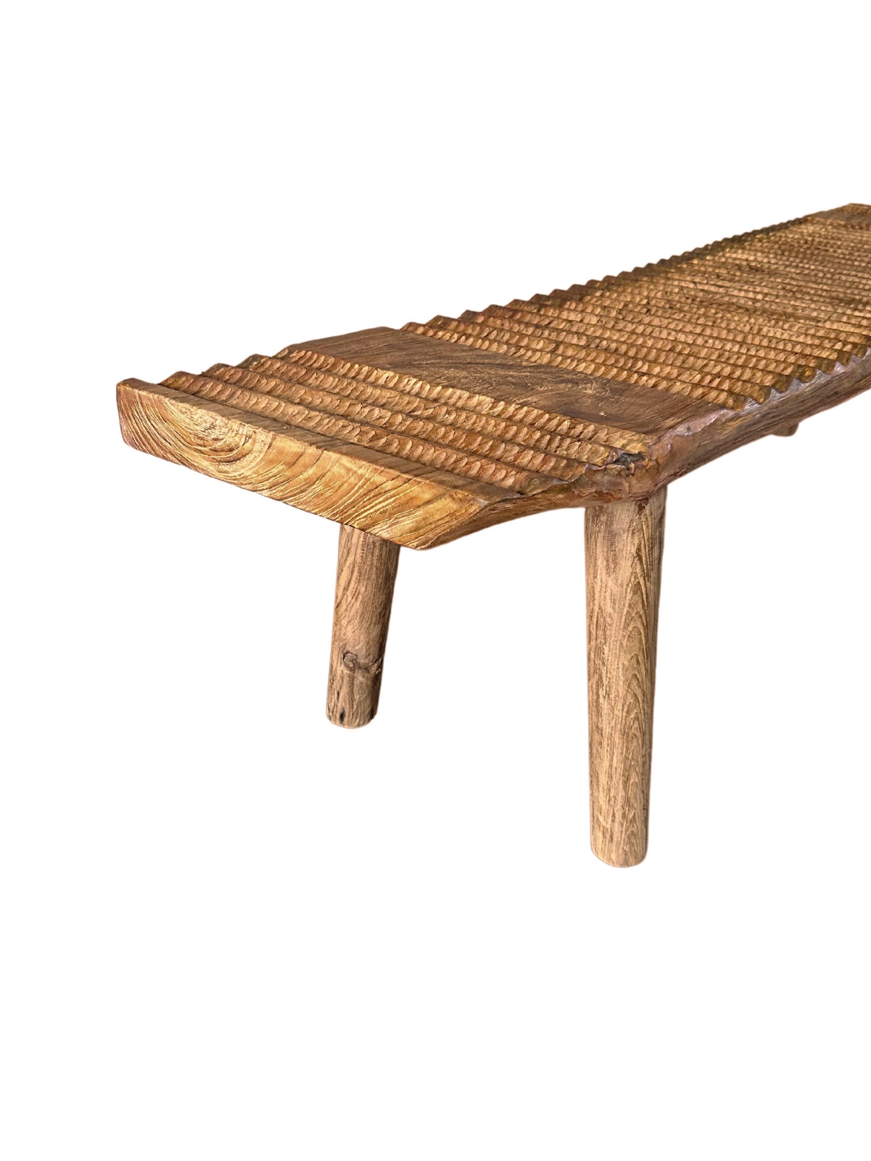 Teak Wood Sculptural Bench, Carved Detailing, Modern Organic For Sale 1