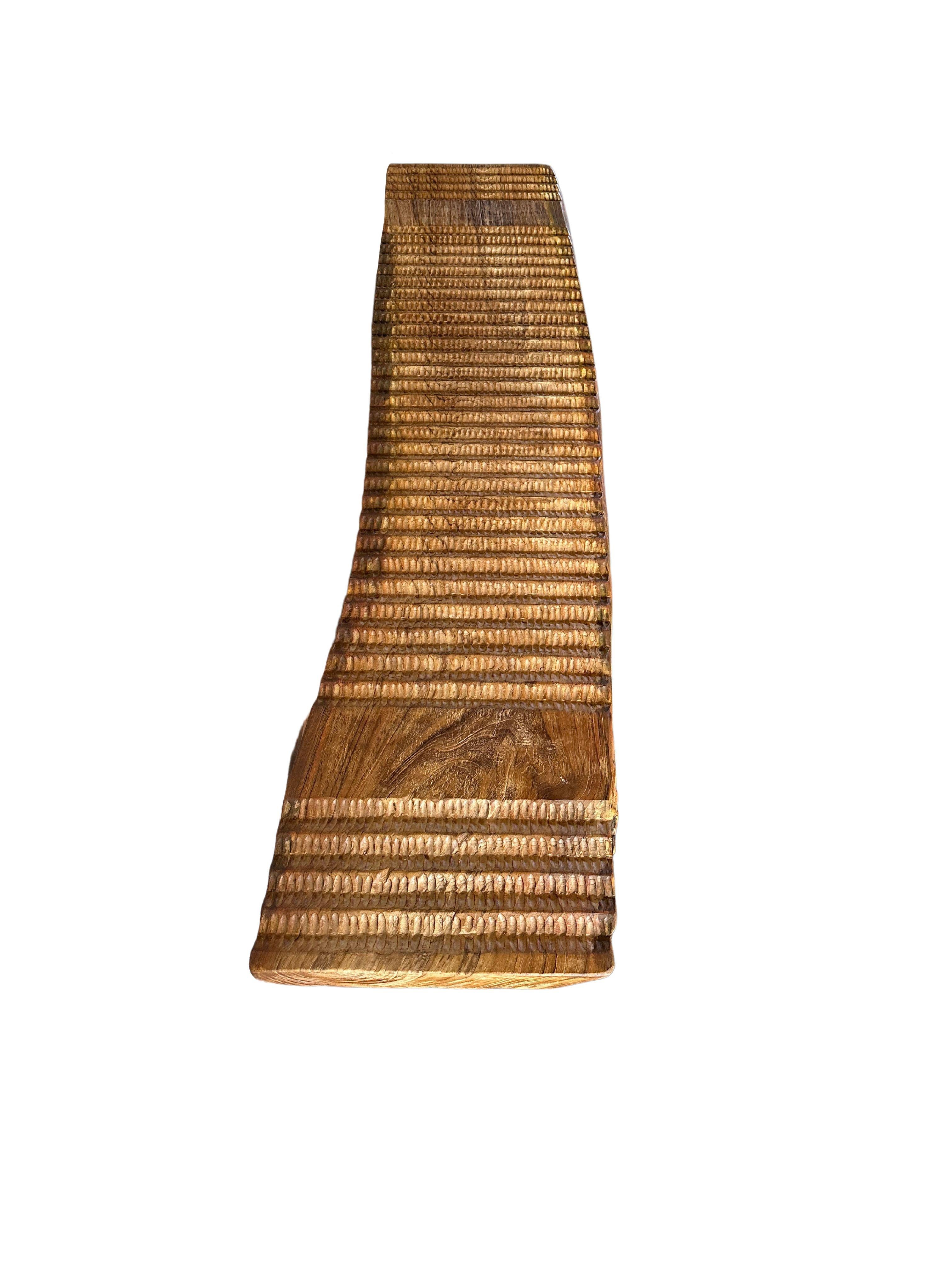 Teak Wood Sculptural Bench, Carved Detailing, Modern Organic For Sale 2